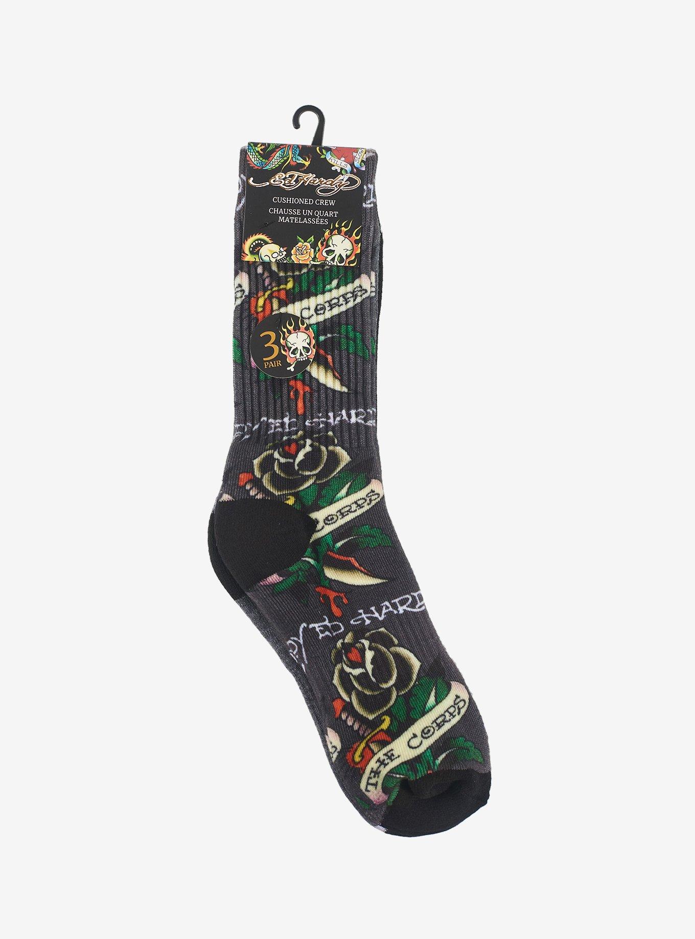 Ed Hardy Rose Skull 360 Printed Solid & Embroidered 3-Pack Men's Socks, , hi-res