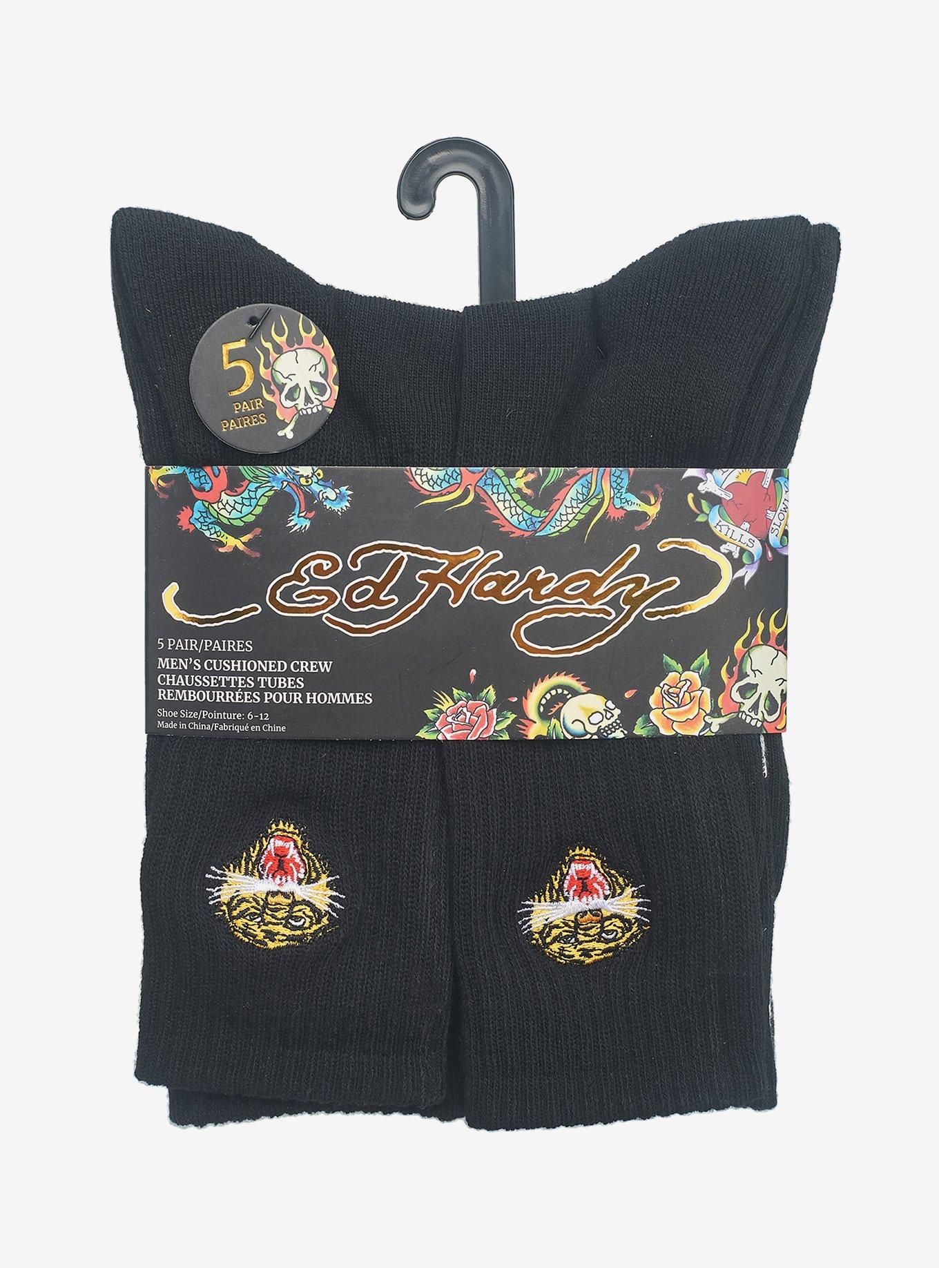 Ed Hardy Half Cushion Tiger Eagle Embroidered Crew 5-Pack Men's Socks, , hi-res