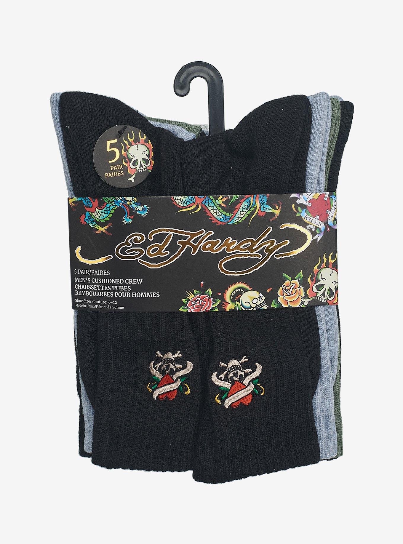 Ed Hardy Half Cushion Skulls Embroidered Crew 5-Pack Men's Socks, , hi-res