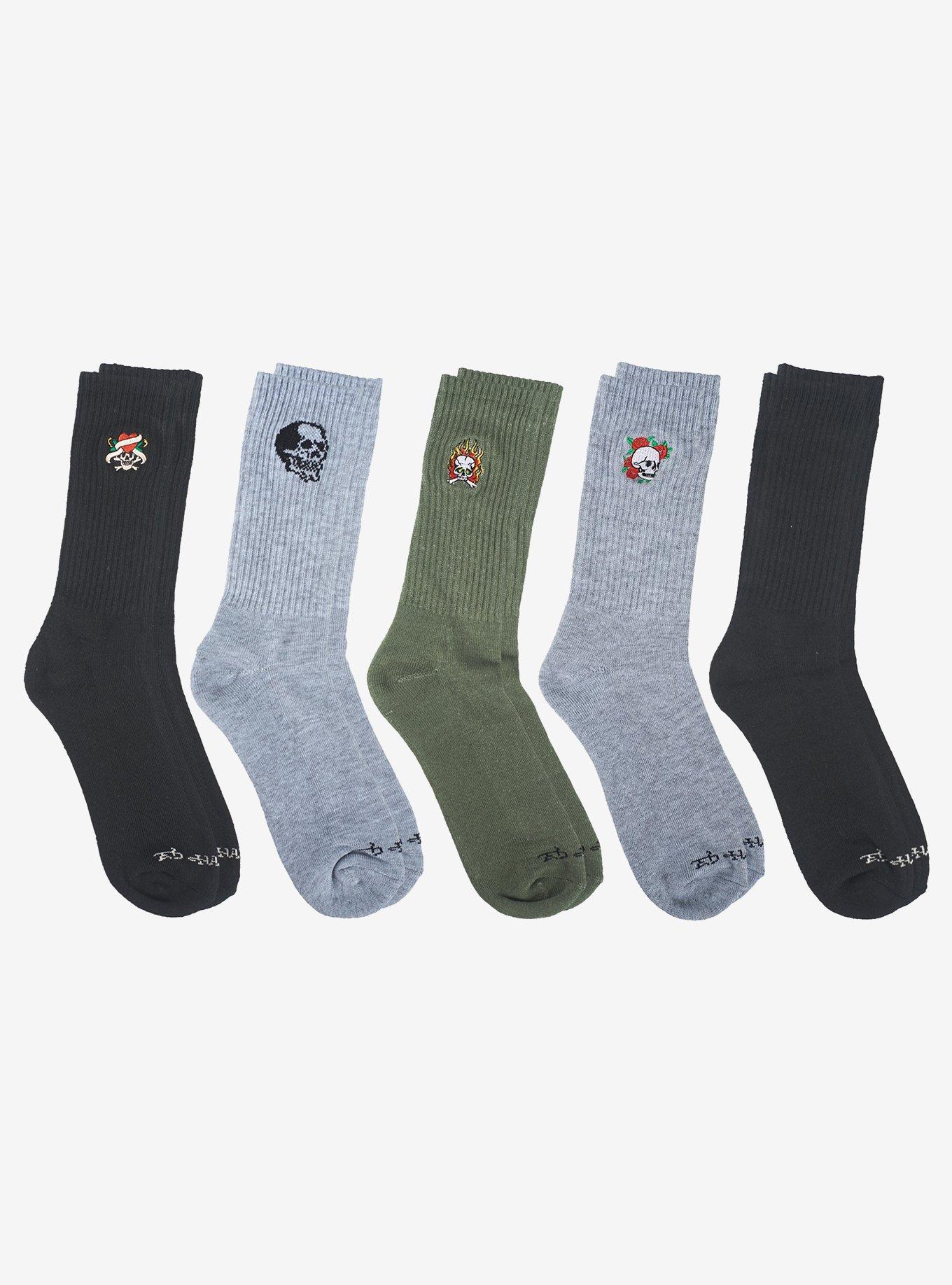 Ed Hardy Half Cushion Skulls Embroidered Crew 5-Pack Men's Socks, , alternate