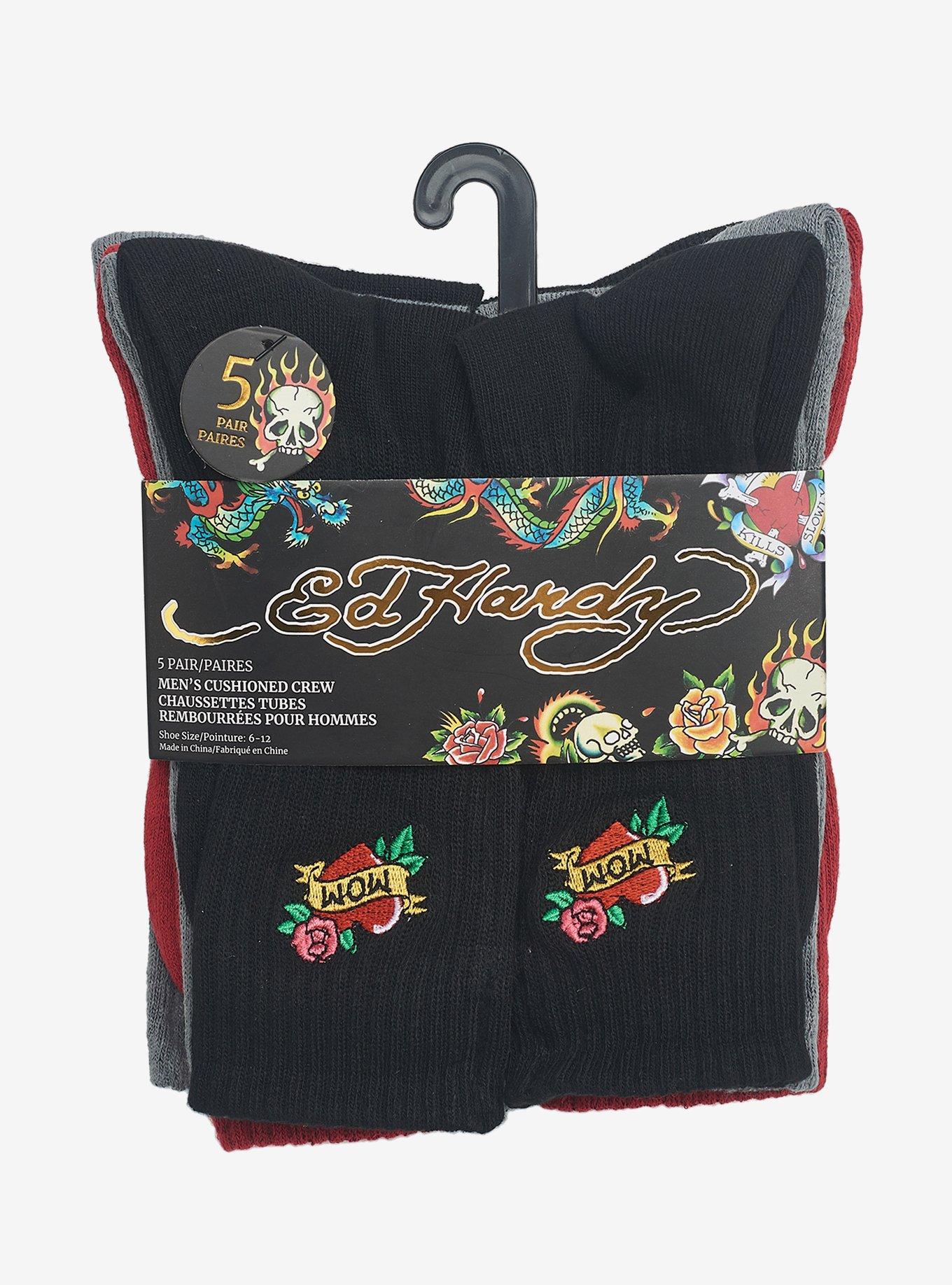 Ed Hardy Half Cushion Embroidered Crew 5-Pack Men's Socks, , hi-res