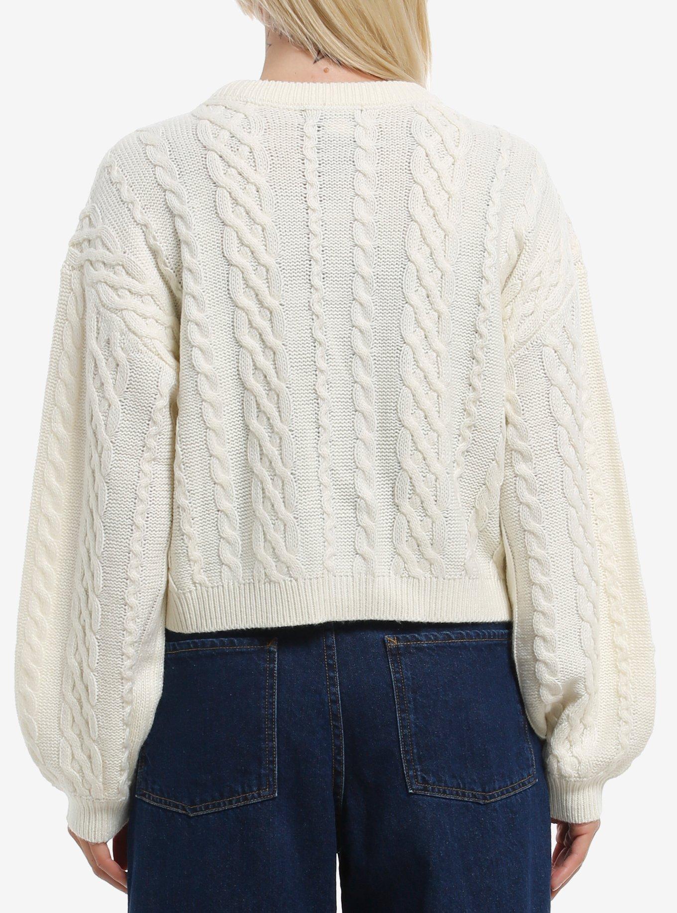 Thorn & Fable Frog Mushroom Cable Knit Girls Cardigan, , hi-res