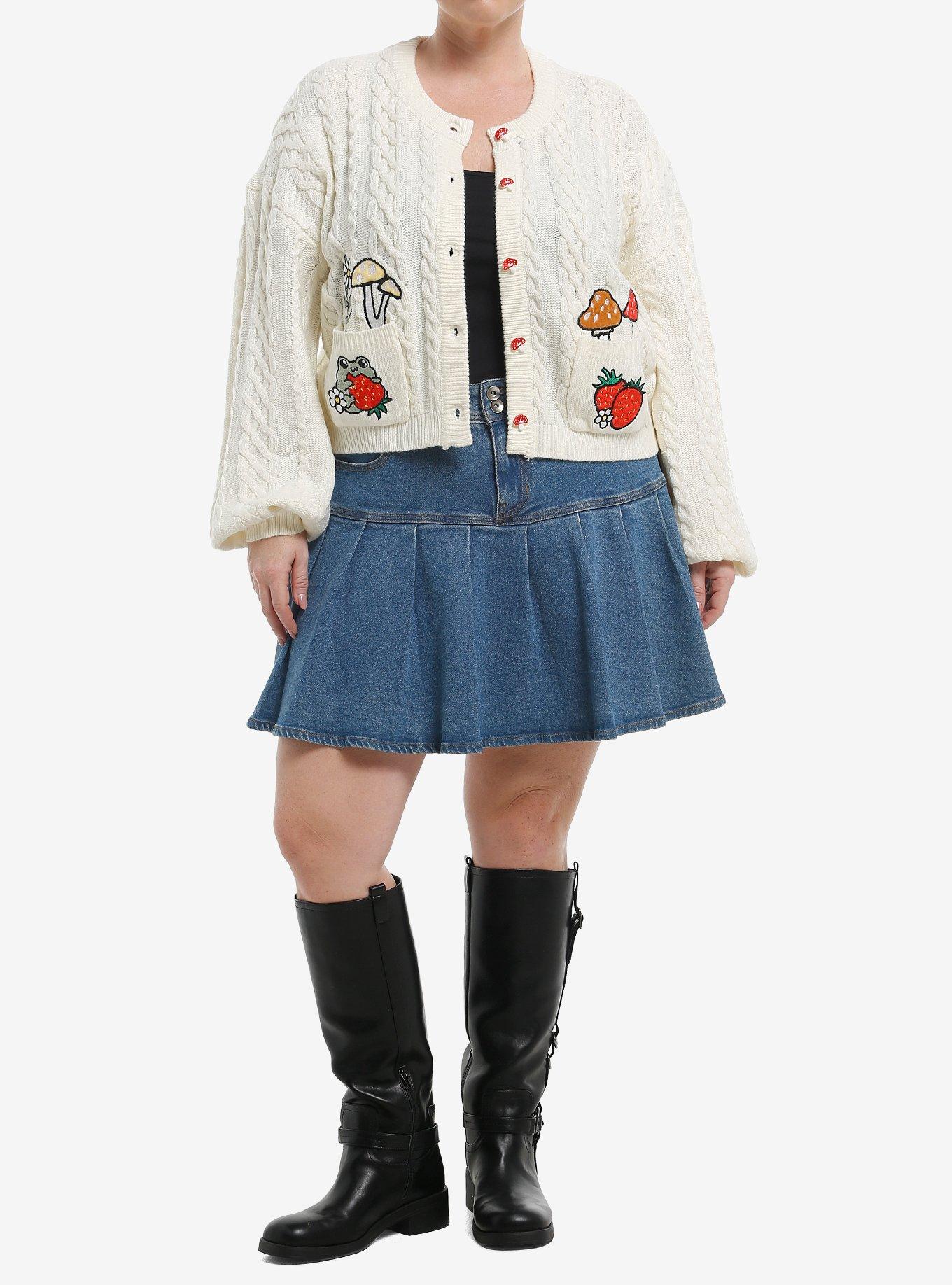 Thorn & Fable Frog Mushroom Cable Knit Girls Cardigan Plus Size, , hi-res