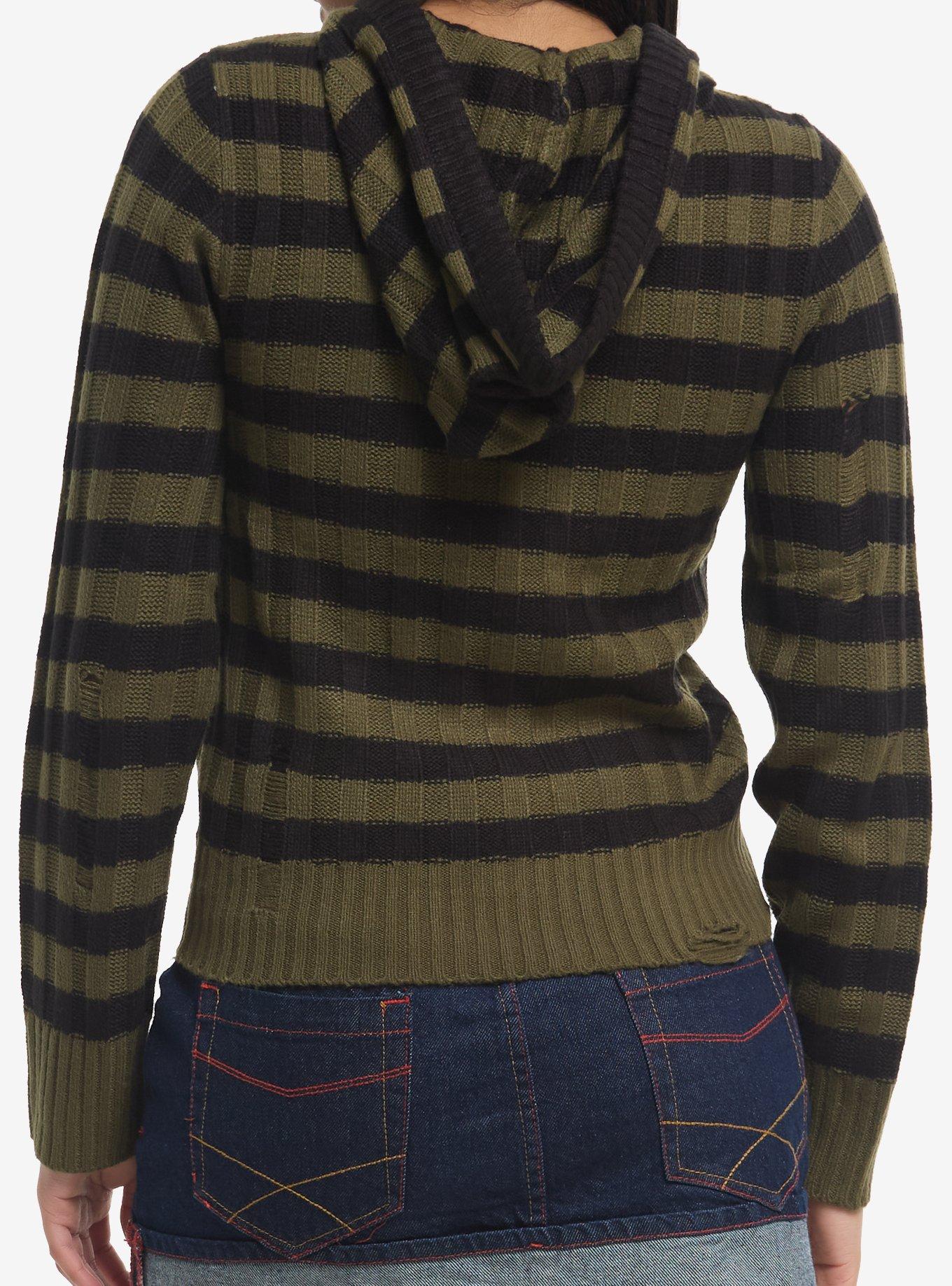 Thorn & Fable Black & Olive Green Stripe Girls Hoodie, , hi-res