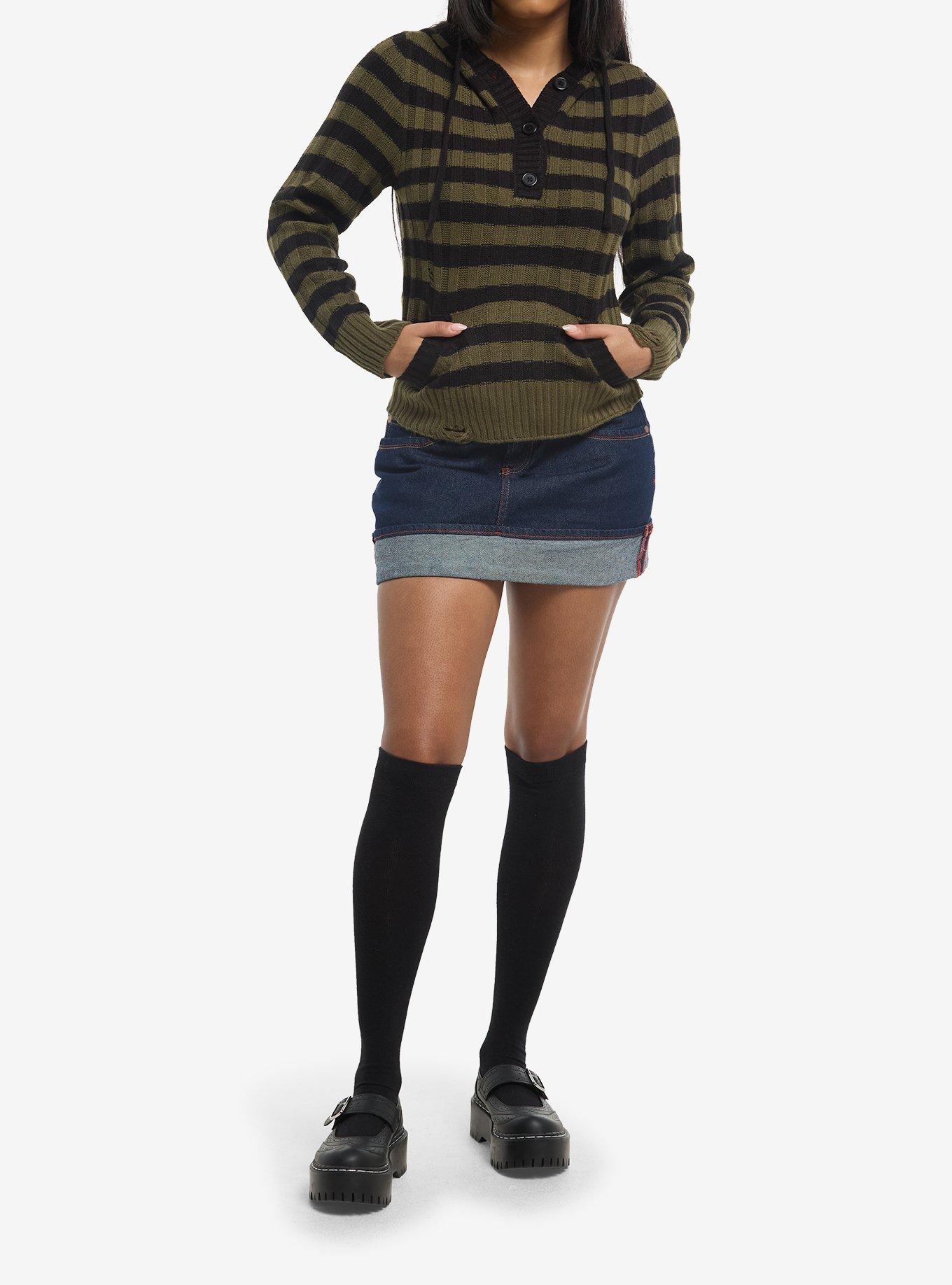 Thorn & Fable Black & Olive Green Stripe Girls Hoodie, BLACK, alternate