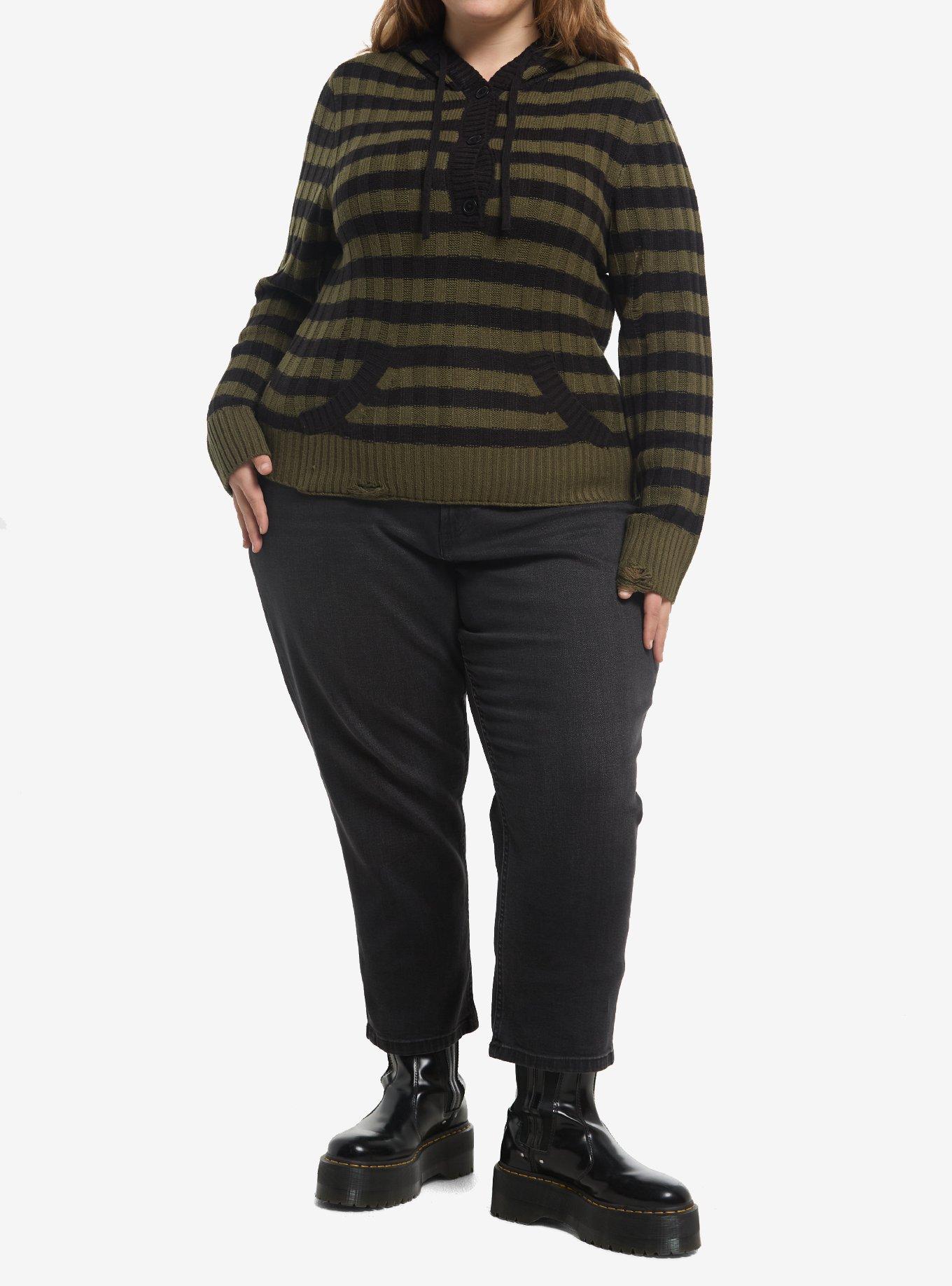 Thorn & Fable Black & Olive Green Stripe Girls Hoodie Plus Size, , hi-res