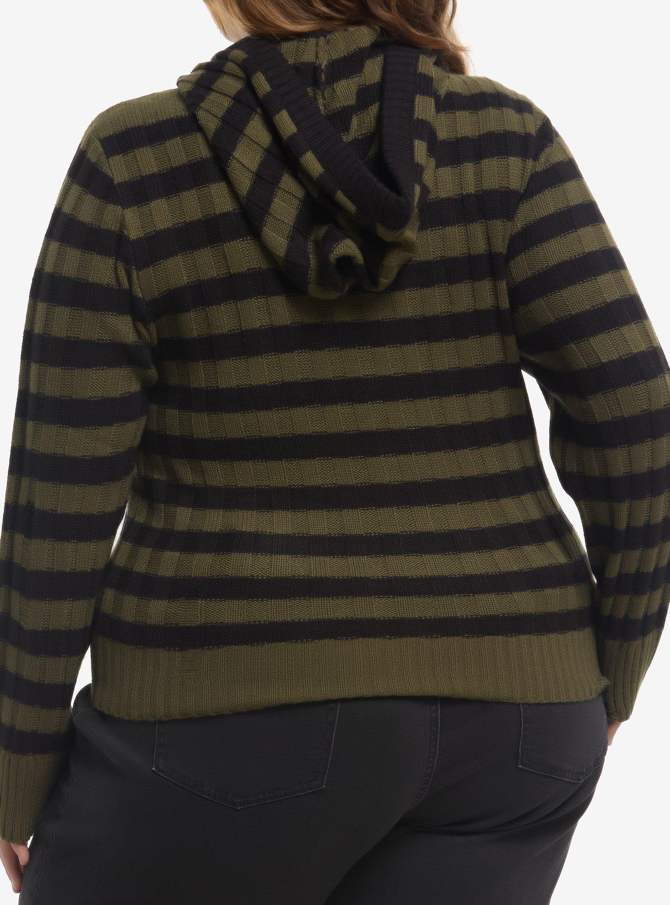 Thorn & Fable Black & Olive Green Stripe Girls Hoodie Plus Size, BLACK, alternate