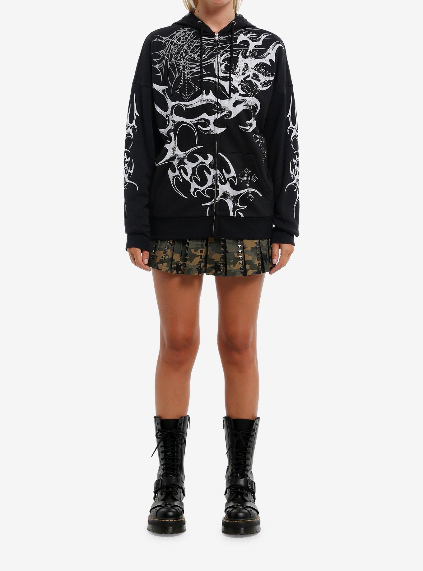 Black Cyber Sigil Rhinestone Cross Girls Hoodie, GREY, alternate