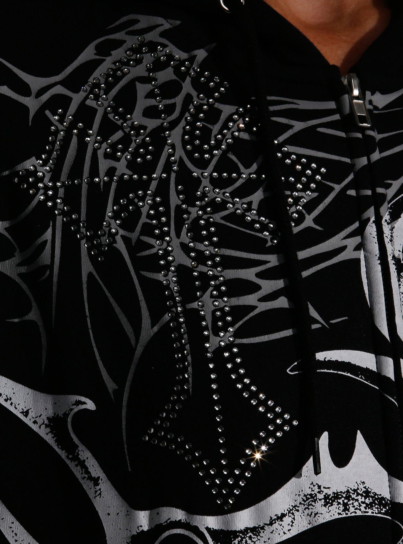 Black Cyber Tribal Rhinestone Cross Girls Hoodie, GREY, alternate