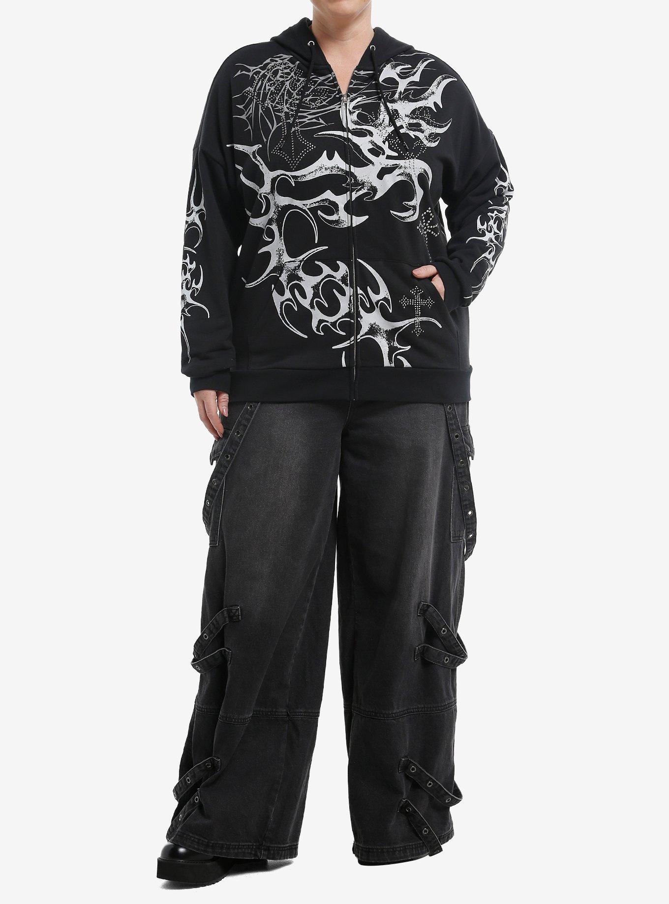 Black Cyber Tribal Rhinestone Cross Girls Hoodie Plus Size, , hi-res