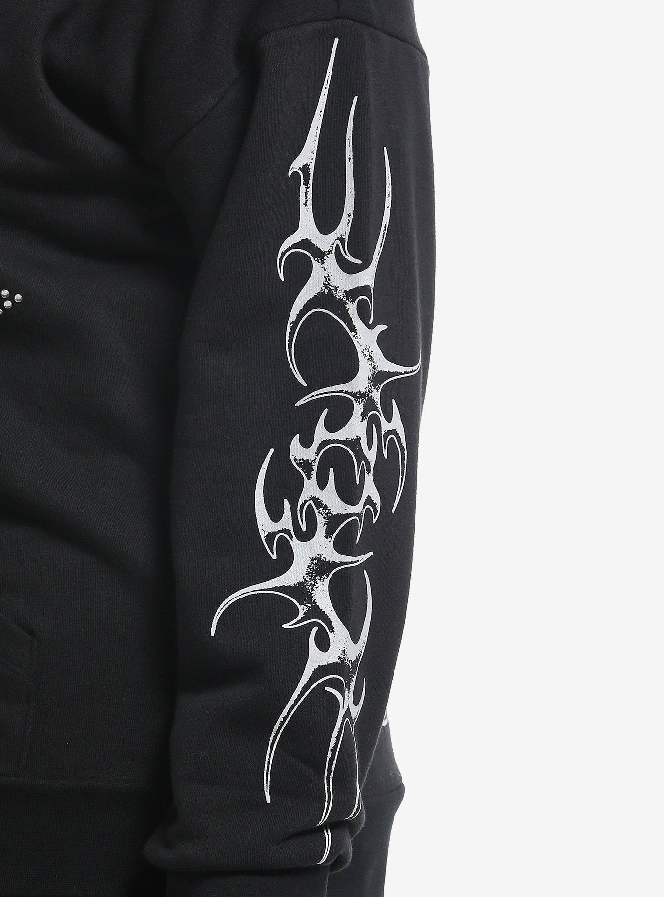 Black Cyber Tribal Rhinestone Cross Girls Hoodie Plus Size, GREY, alternate