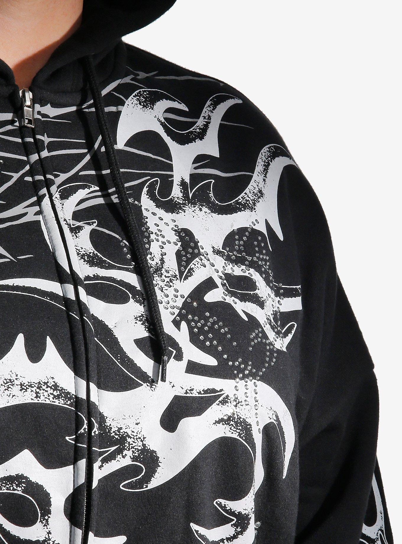 Black Cyber Tribal Rhinestone Cross Girls Hoodie Plus Size, GREY, alternate