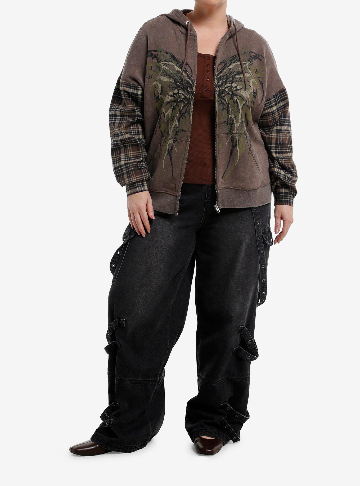 Thorn & Fable Grunge Butterfly Plaid Girls Hoodie Plus Size, GREEN, alternate