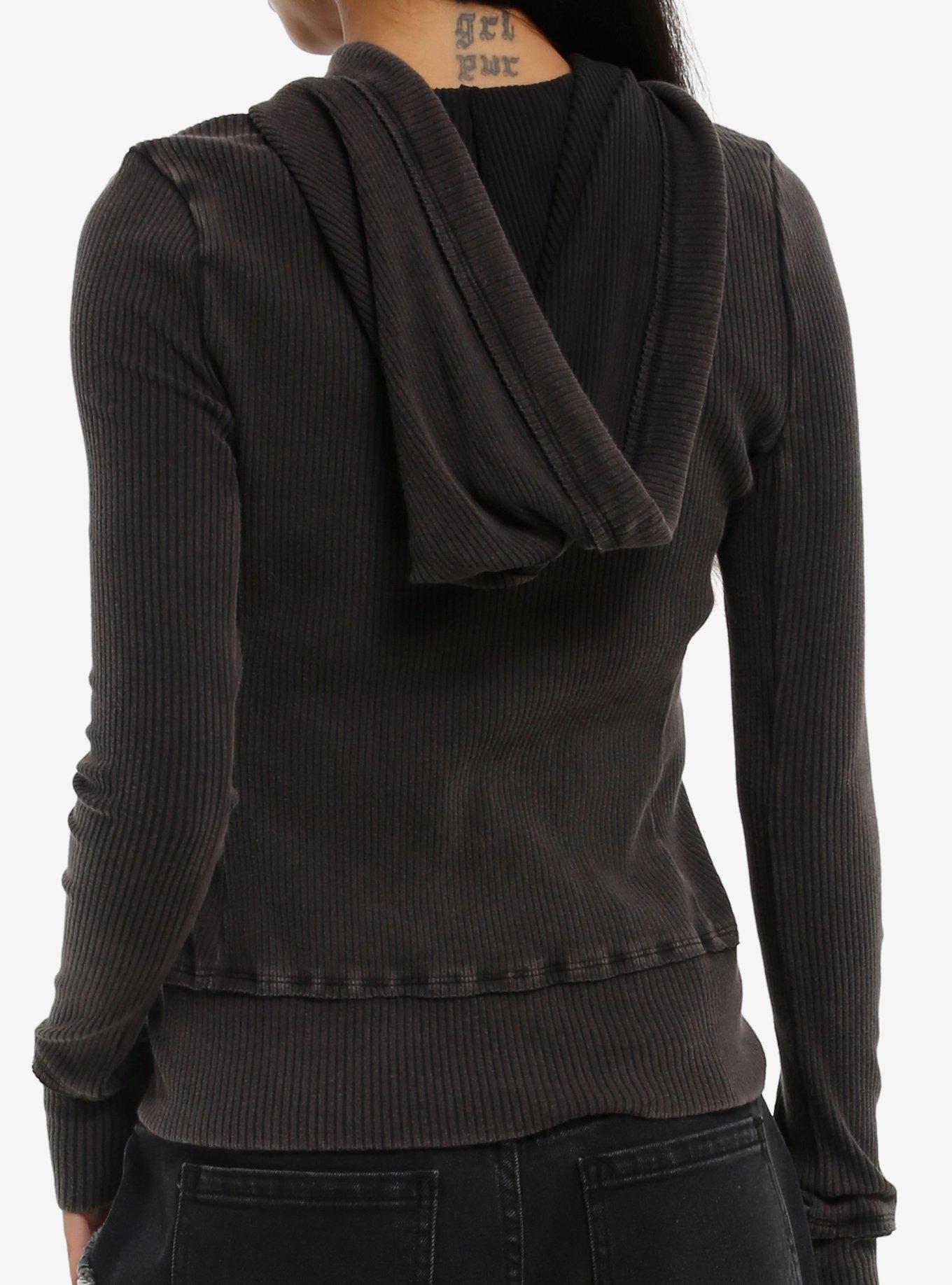 Social Collision Heart Cyber Sigil Ribbed Girls Fitted Hoodie, BLACK, alternate