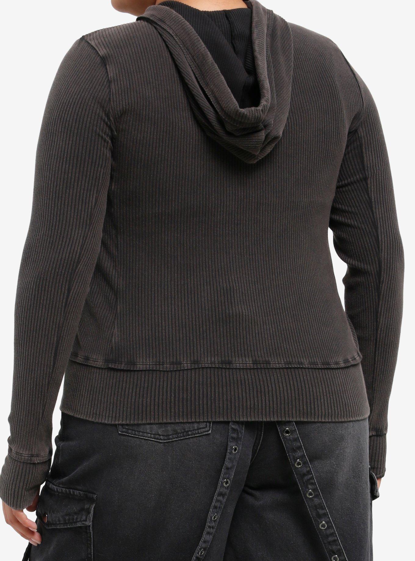 Social Collision Heart Cyber Sigil Ribbed Girls Fitted Hoodie Plus Size, BLACK, alternate