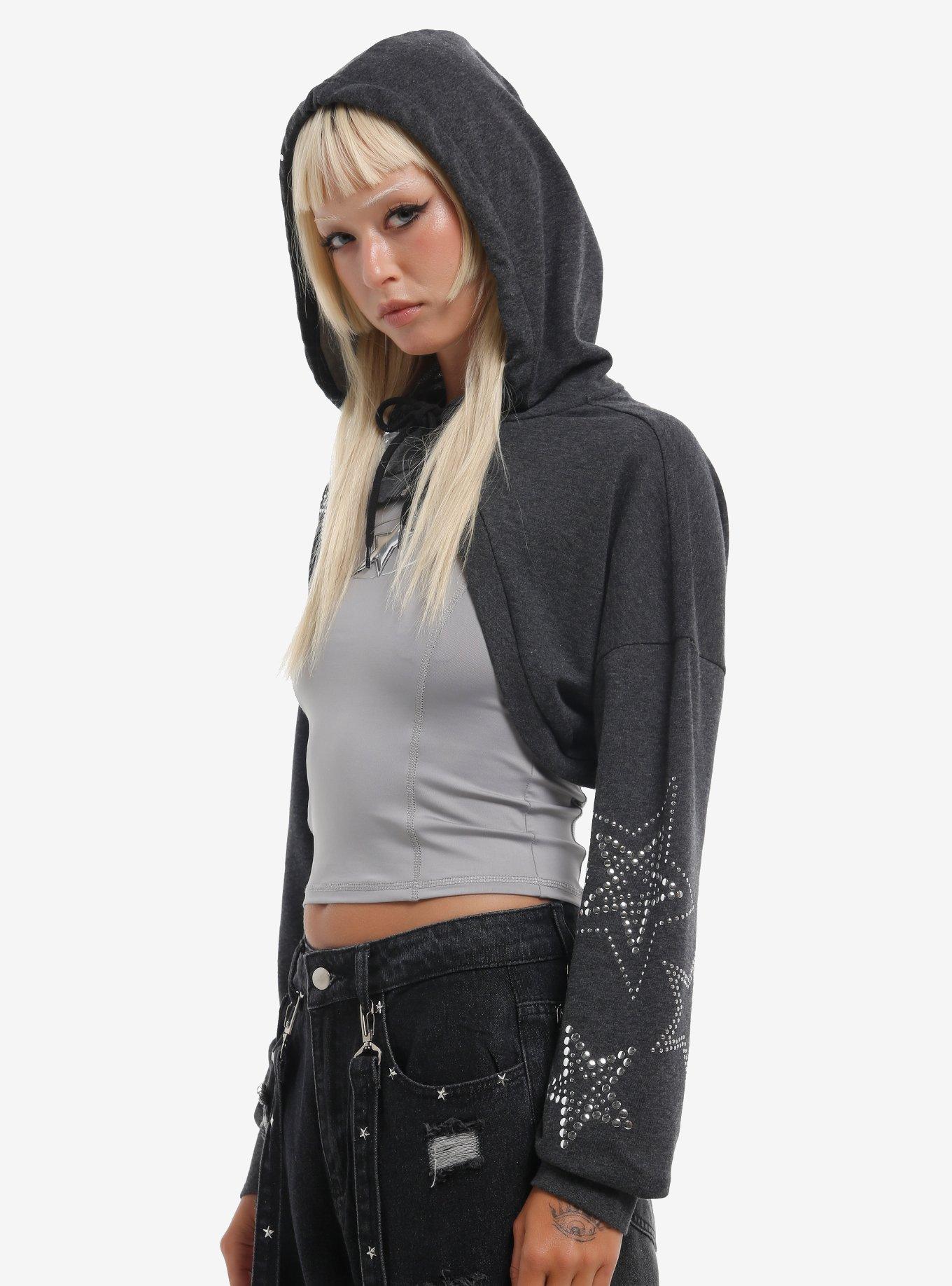 Social Collision Studded Star Girls Crop Hoodie, GREY, alternate