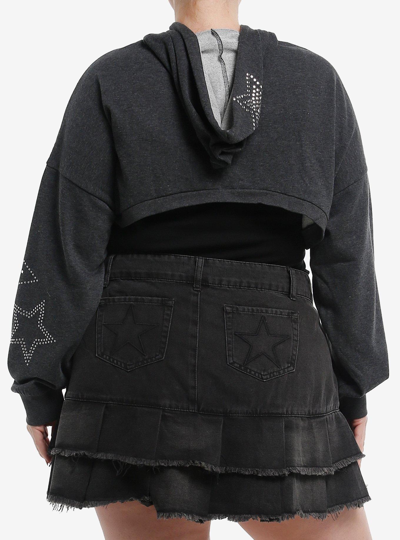 Social Collision Studded Star Girls Crop Hoodie Plus Size, GREY, alternate