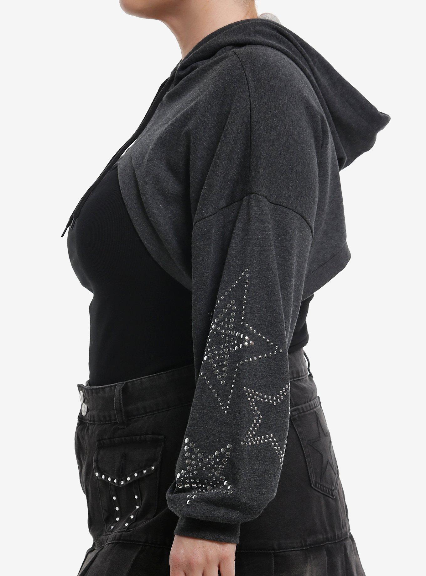 Social Collision Studded Star Girls Crop Hoodie Plus Size, GREY, alternate