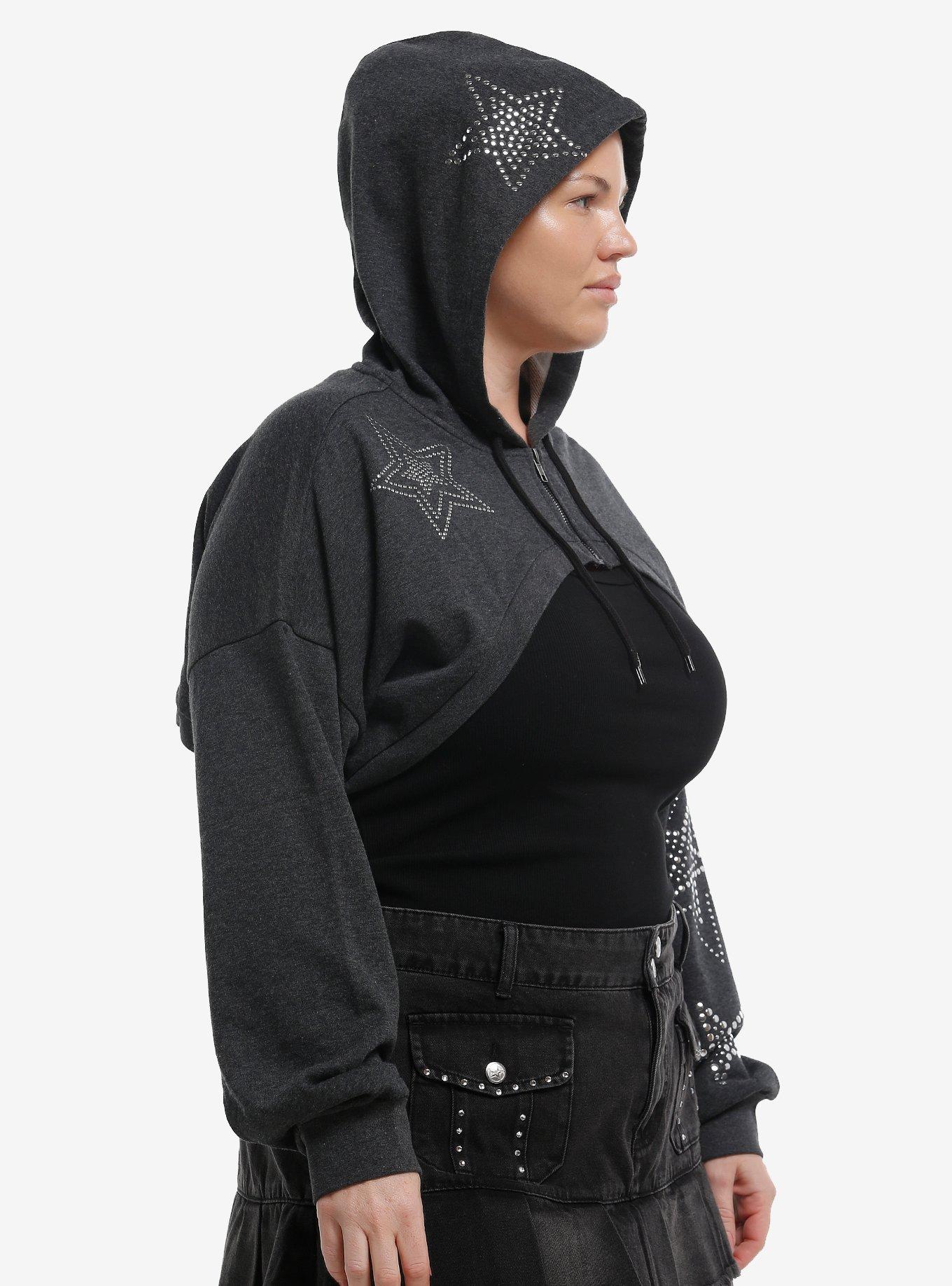 Social Collision Studded Star Girls Crop Hoodie Plus Size, GREY, alternate