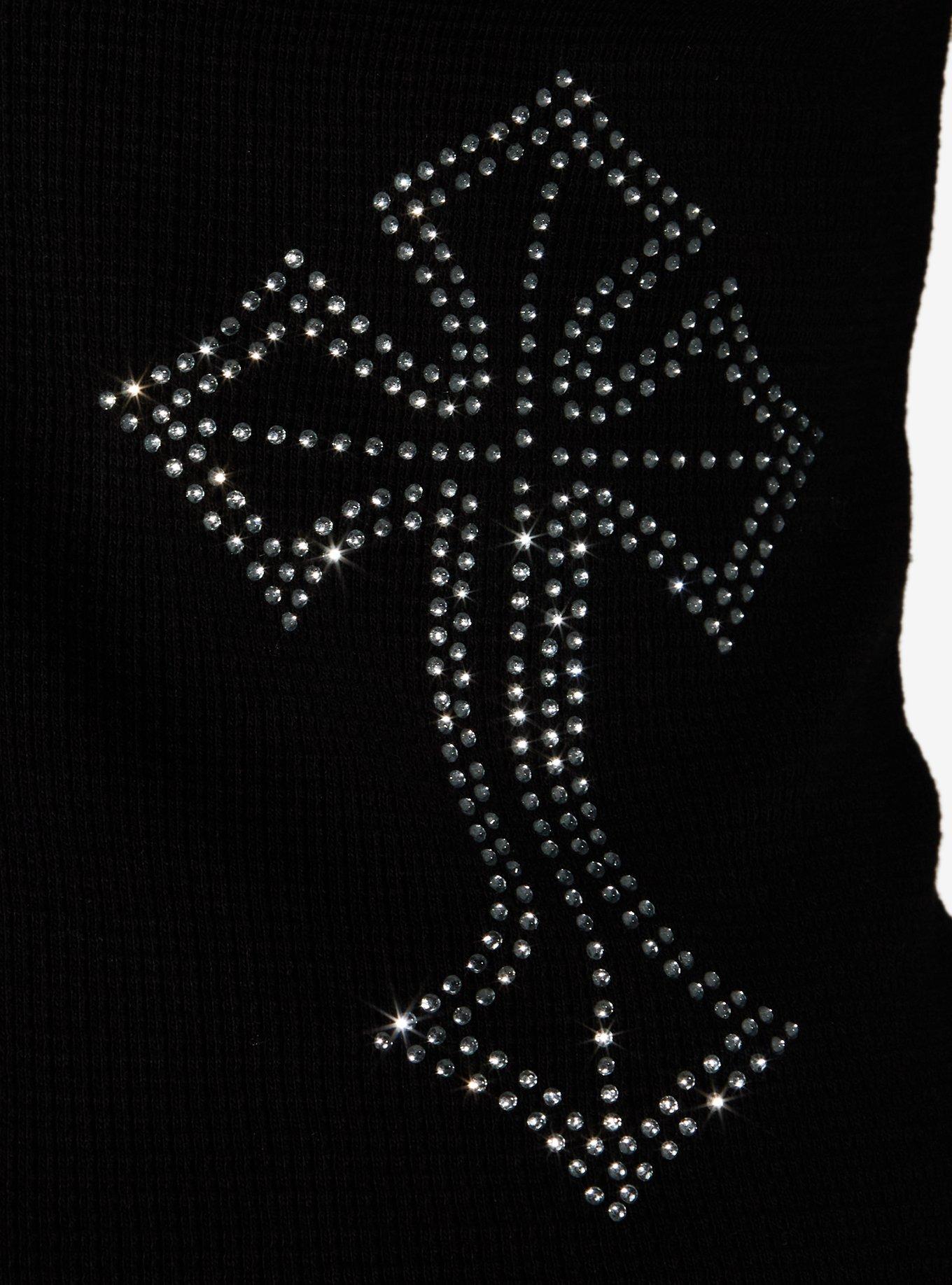 Rhinestone Crosses Hooded Girls Thermal Top, BLACK, alternate