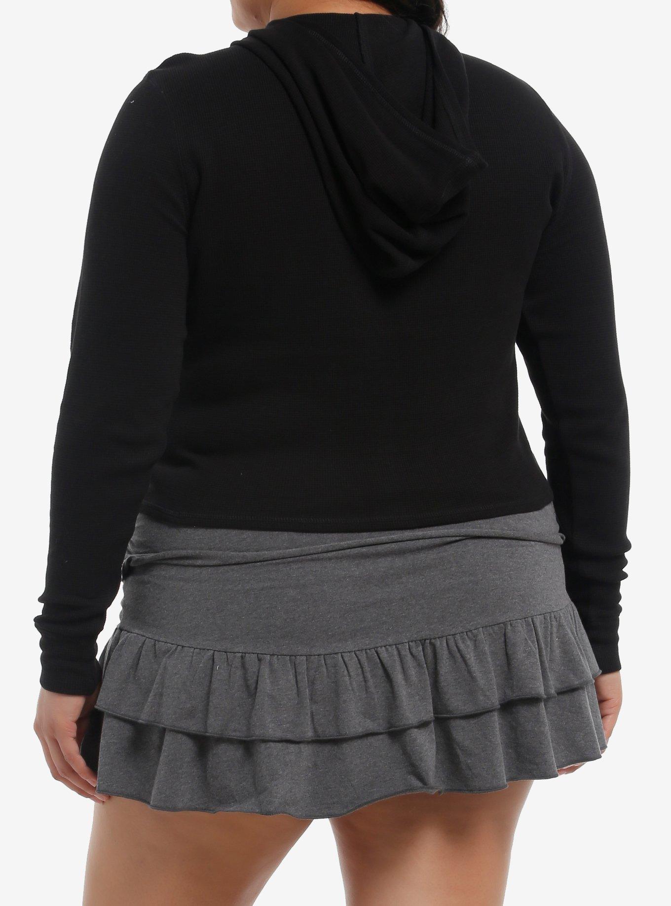 Rhinestone Crosses Hooded Girls Thermal Top Plus Size, BLACK, alternate