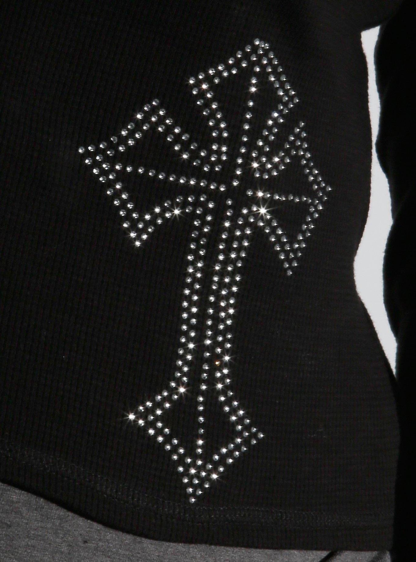 Rhinestone Crosses Hooded Girls Thermal Top Plus Size, BLACK, alternate