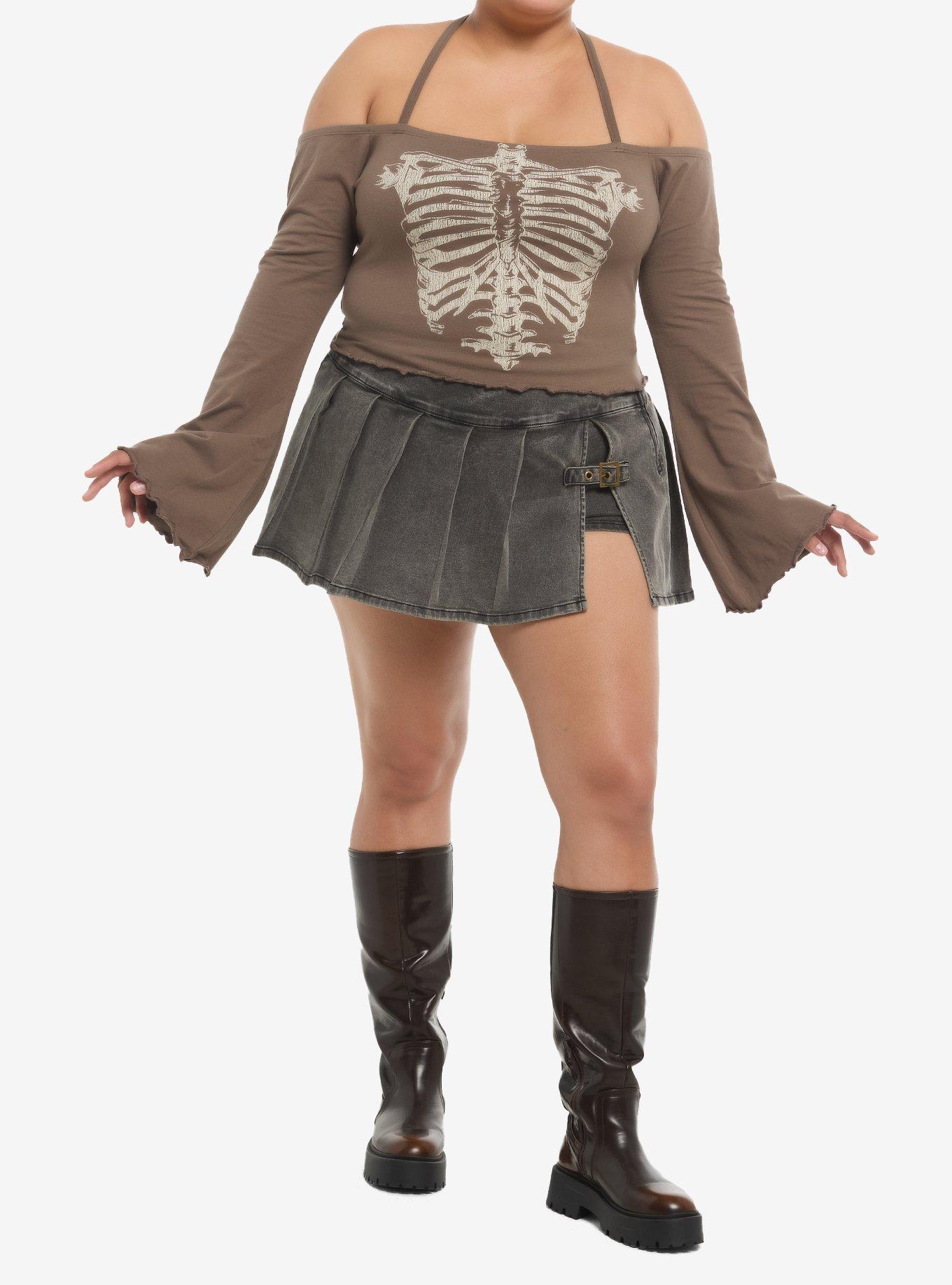 Brown Rib Cage Cold Shoulder Top Plus Size, , hi-res