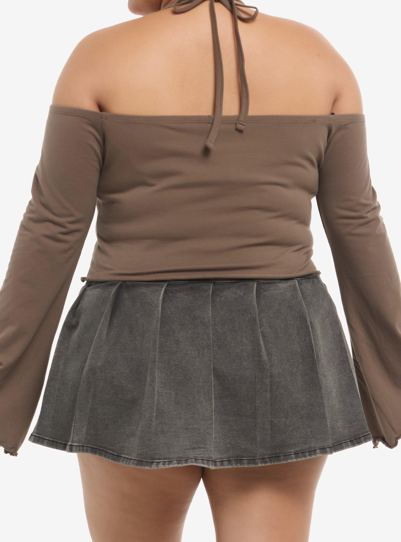 Brown Rib Cage Cold Shoulder Top Plus Size, , hi-res
