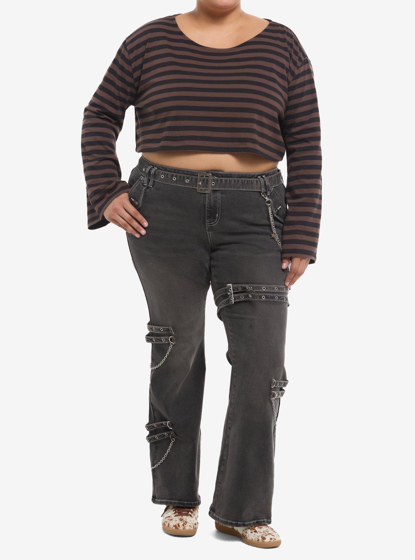 Thorn & Fable Brown & Black Stripe Girls Crop Long-Sleeve Top Plus Size, , hi-res