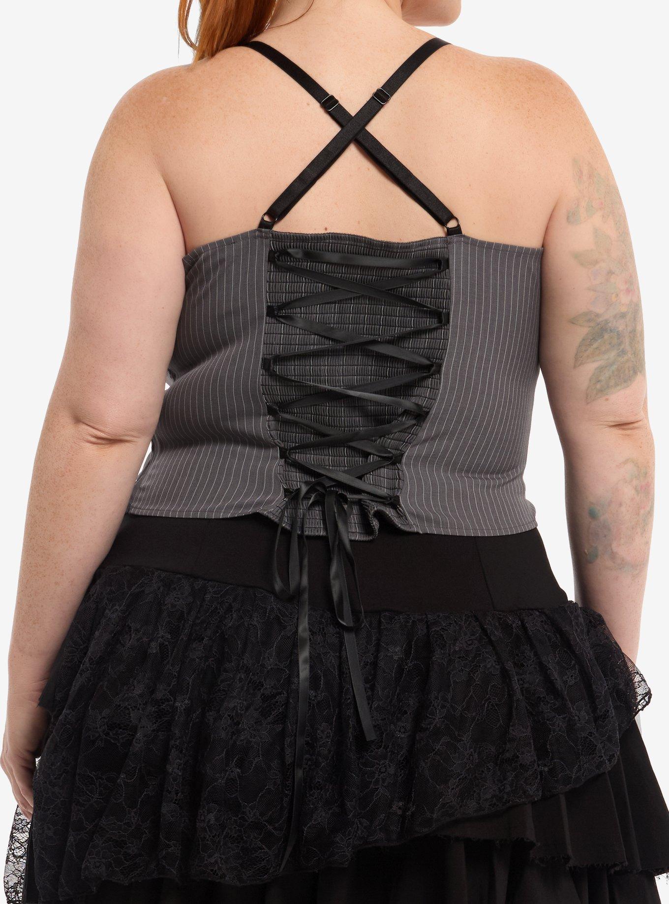 Social Collision Pinstripe Buckle Corset Girls Crop Cami Plus Size, BLACK, alternate