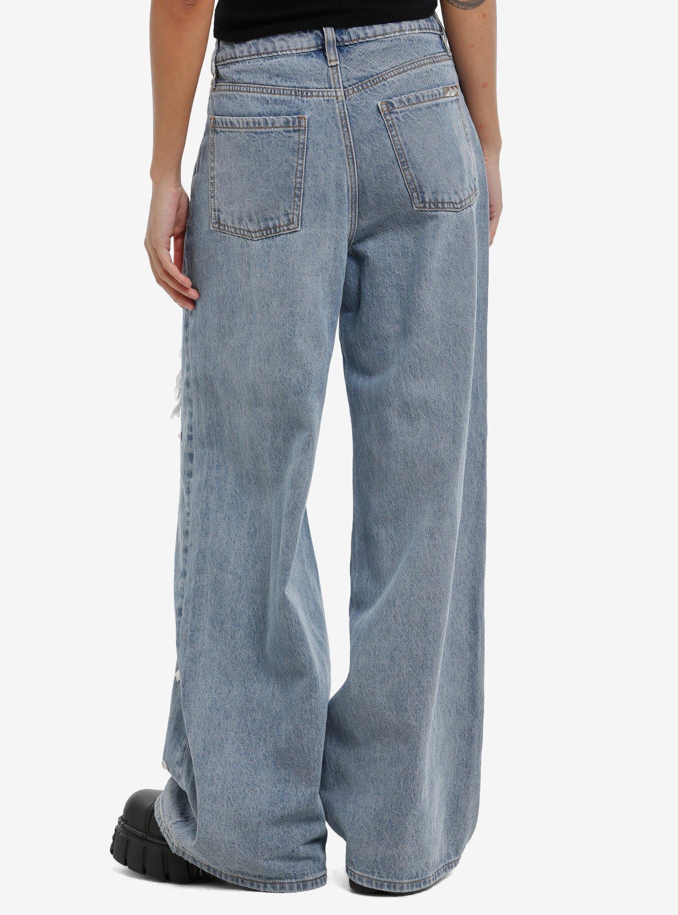 Social Collision Light Wash Studded & Fishnet Girls Wide Leg Jeans, , hi-res