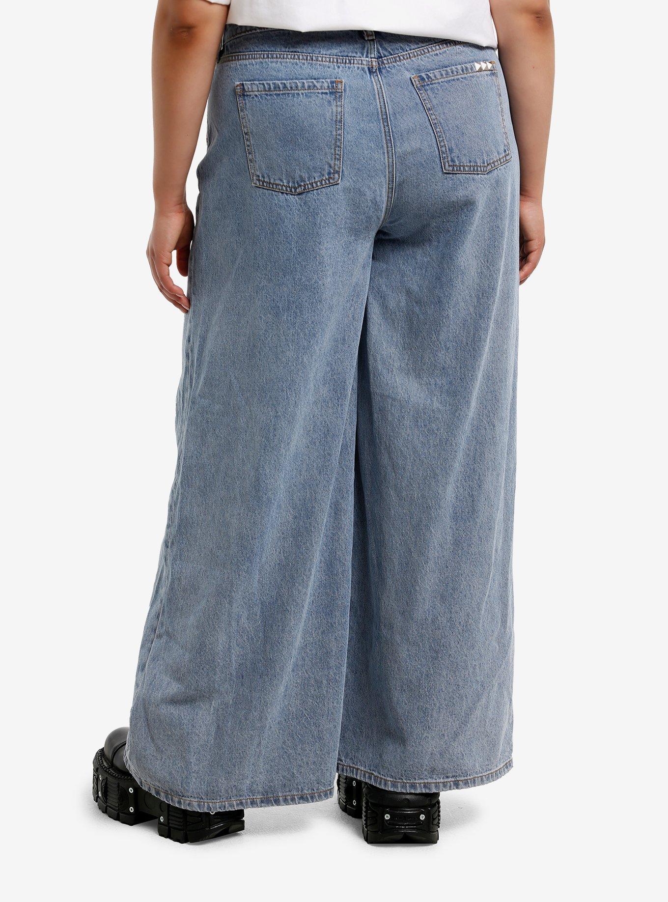 Social Collision Light Wash Studded & Fishnet Girls Wide Leg Jeans Plus Size, , hi-res