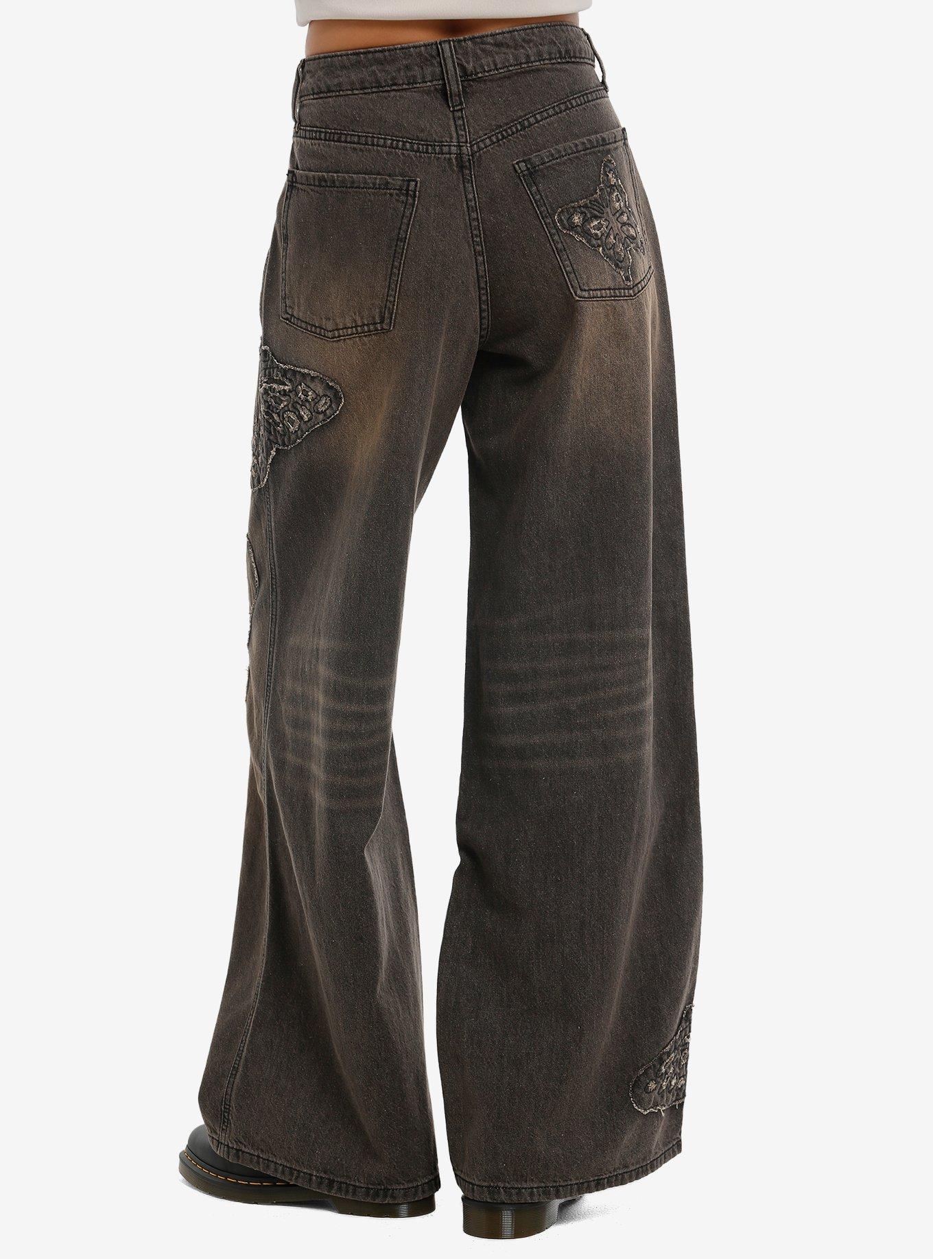 Social Collision Black Vintage Wash Butterfly Grunge Girls Wide Leg Jeans, , hi-res
