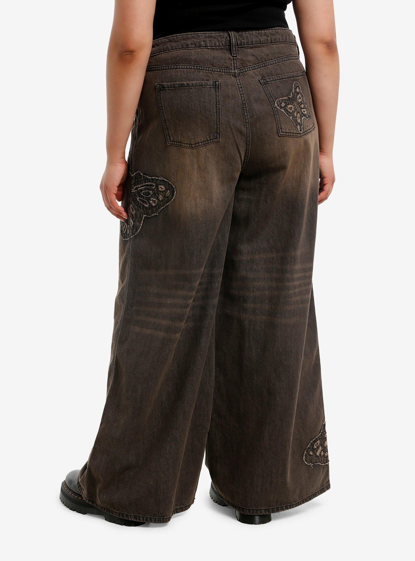Social Collision Black Vintage Wash Butterfly Grunge Girls Wide Leg Jeans Plus Size, , hi-res