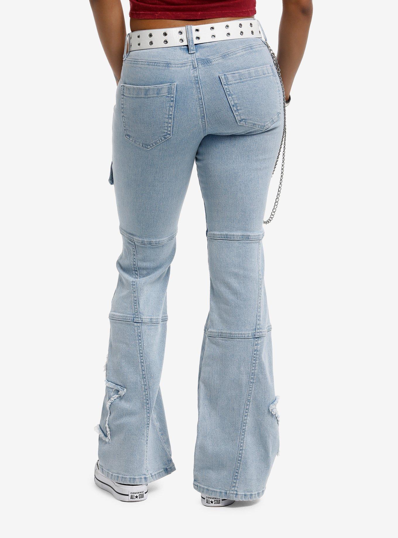 Social Collision Light Indigo Grommet Belt Flare Jeans, , hi-res