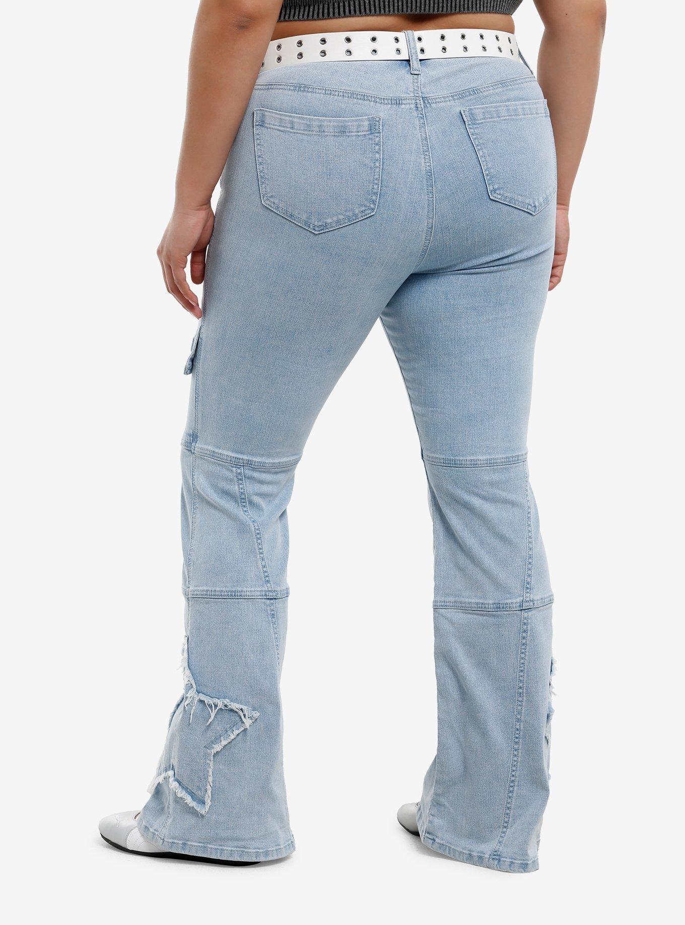 Social Collision Light Indigo Grommet Belt Flare Jeans Plus Size, , hi-res