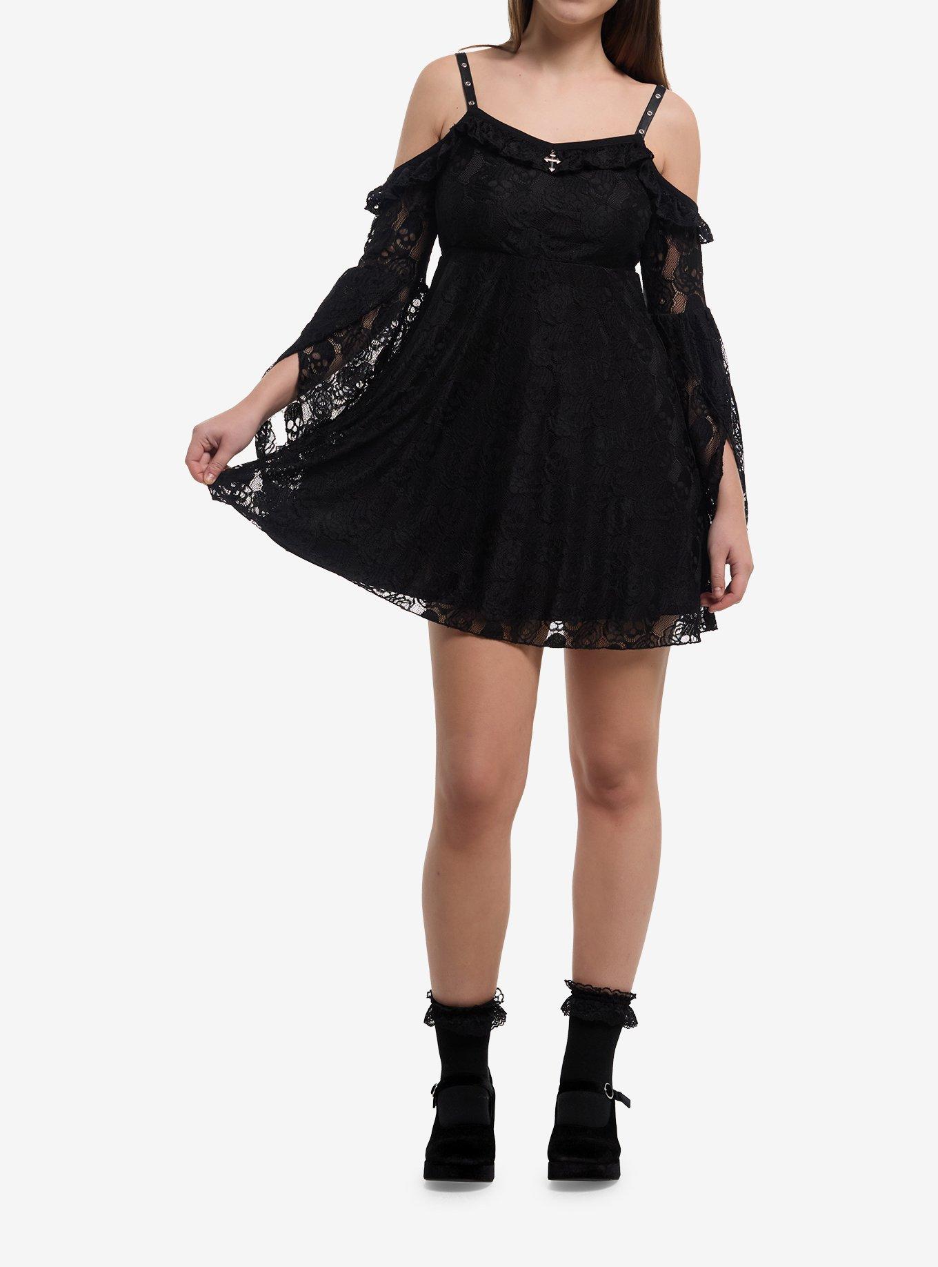 Black Skull Lace Cold-Shoulder Bell Sleeve Dress, , hi-res