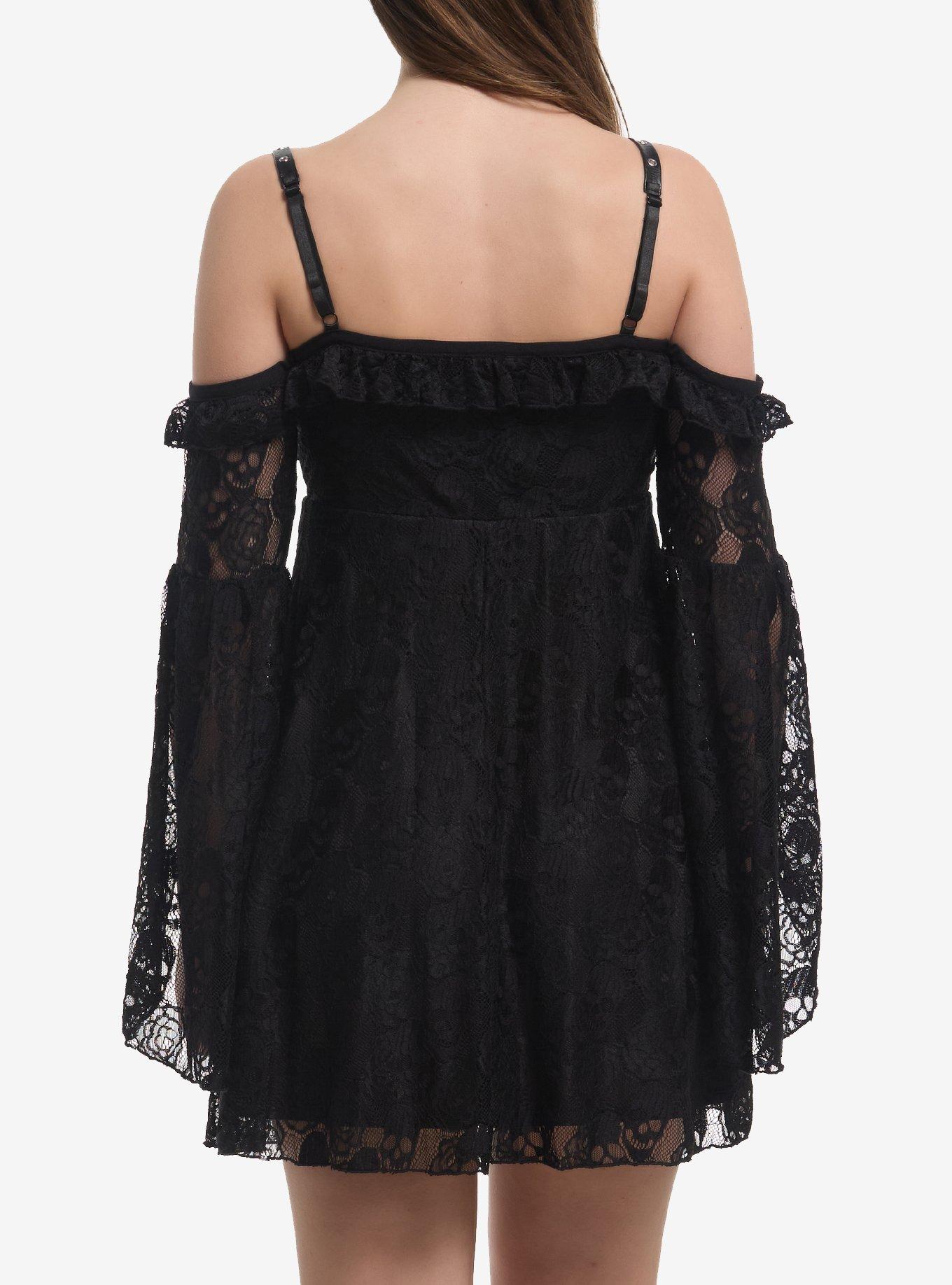 Black Skull Lace Cold Shoulder Bell Sleeve Dress, , hi-res