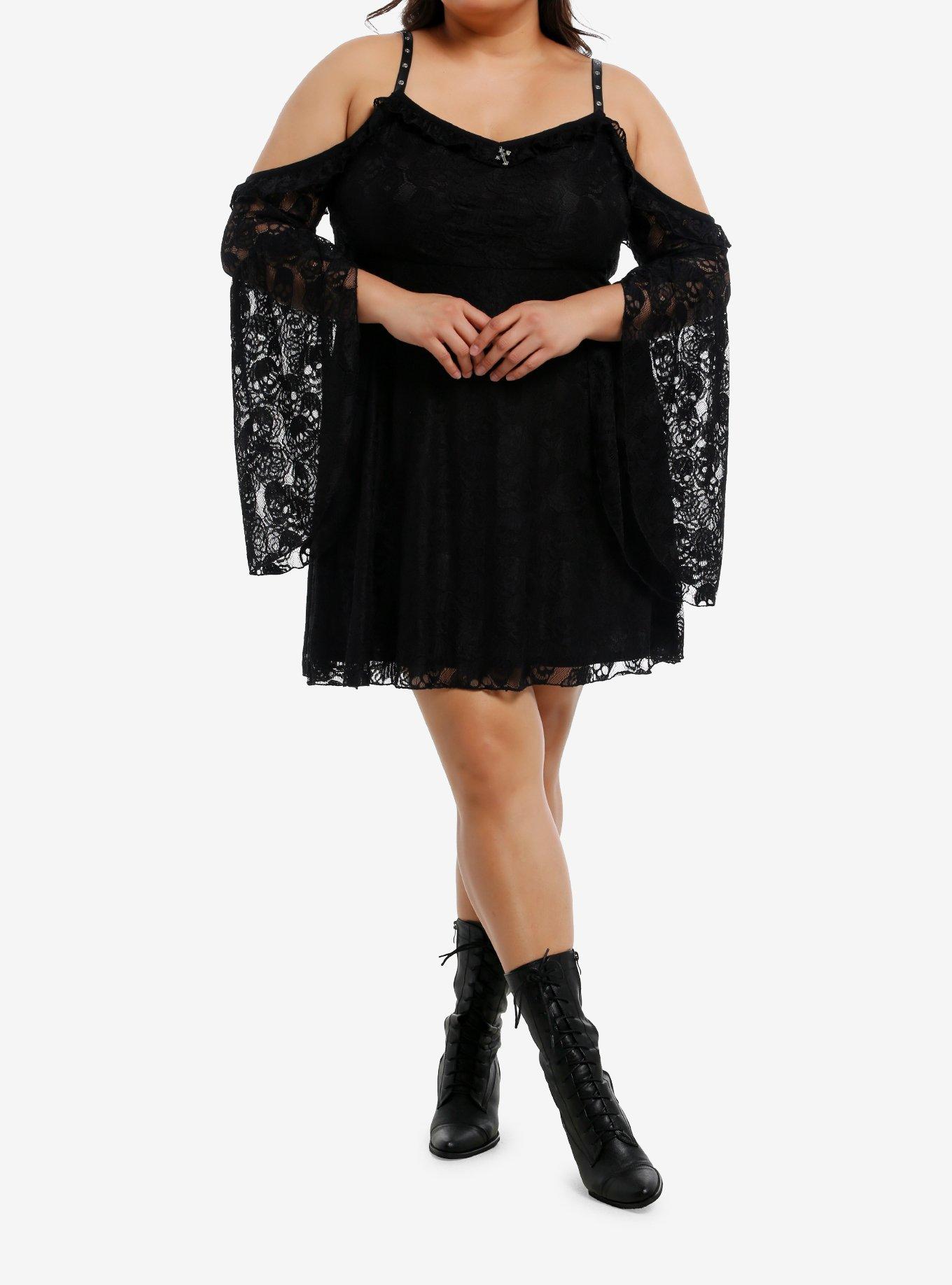 Black Skull Lace Cold Shoulder Bell Sleeve Dress Plus Size, , hi-res