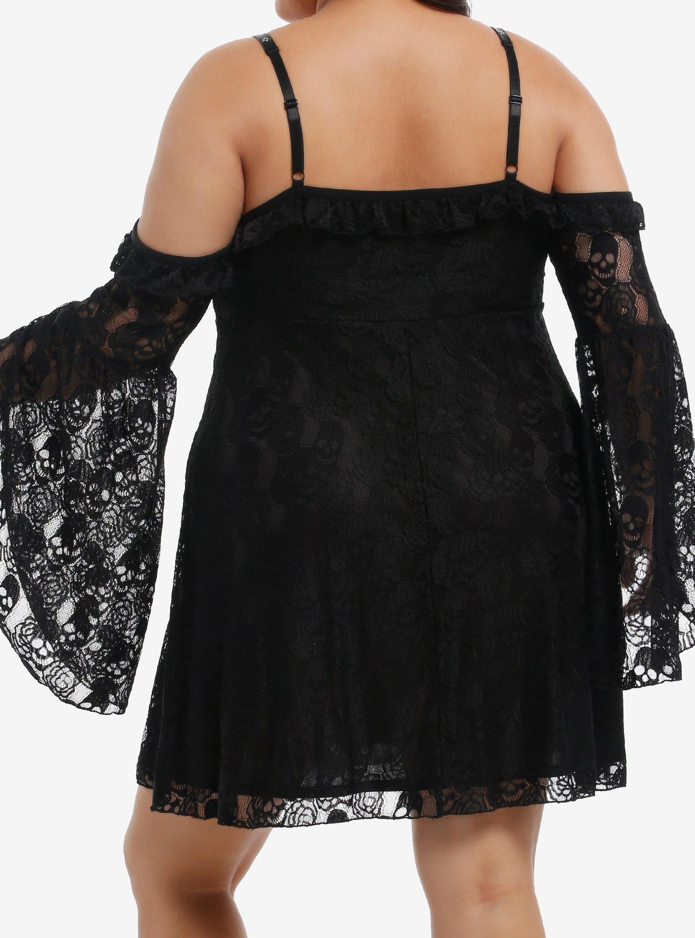 Black Skull Lace Cold Shoulder Bell Sleeve Dress Plus Size, BLACK, alternate