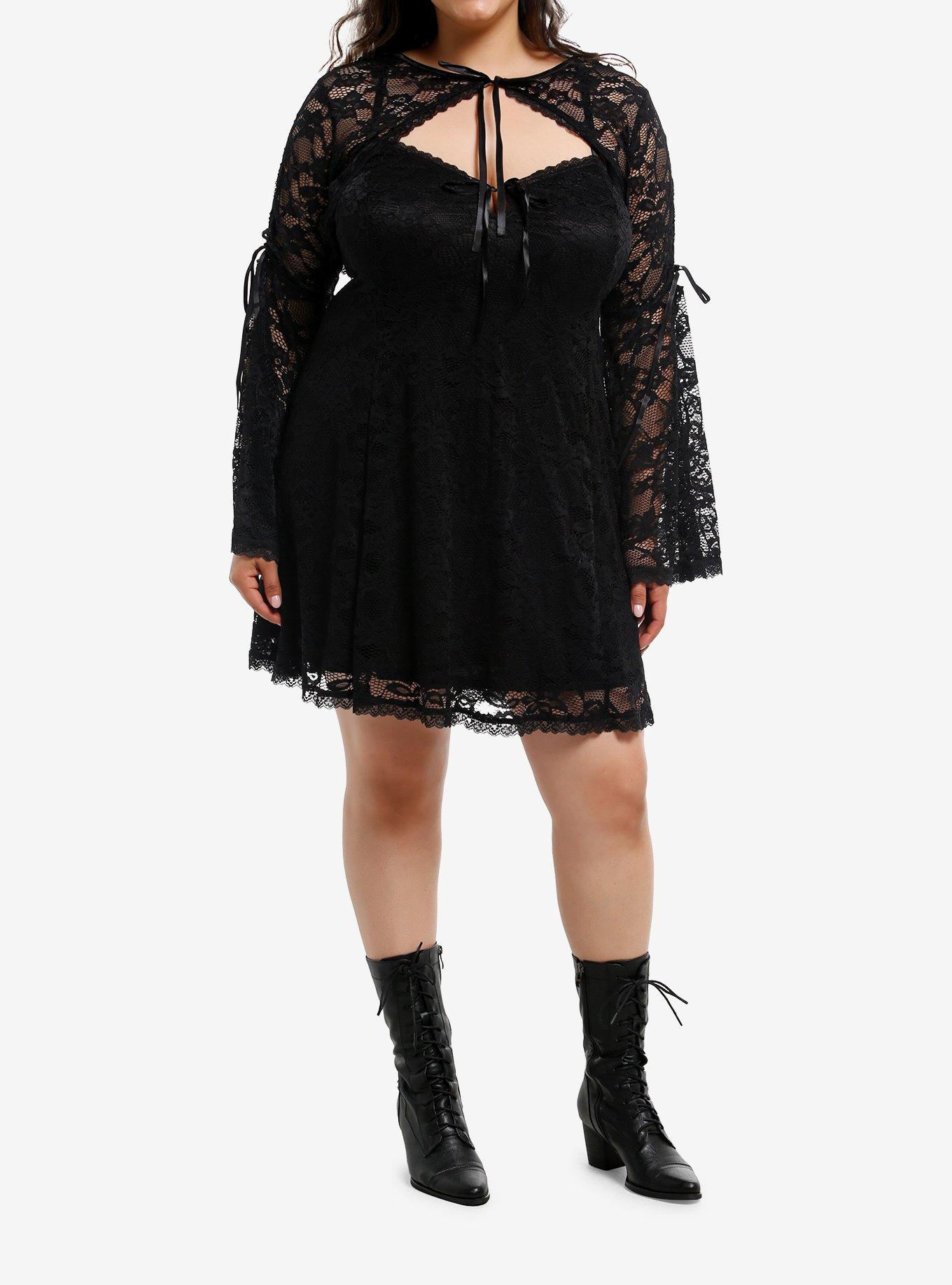 Cosmic Aura Black Lace Shrug Slip Dress Plus Size, , hi-res