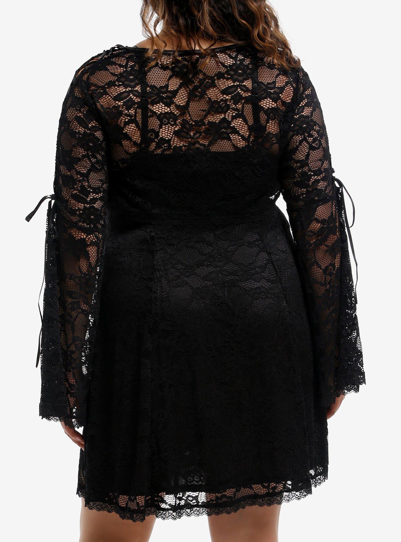 Cosmic Aura Black Lace Shrug Slip Dress Plus Size, BLACK, alternate
