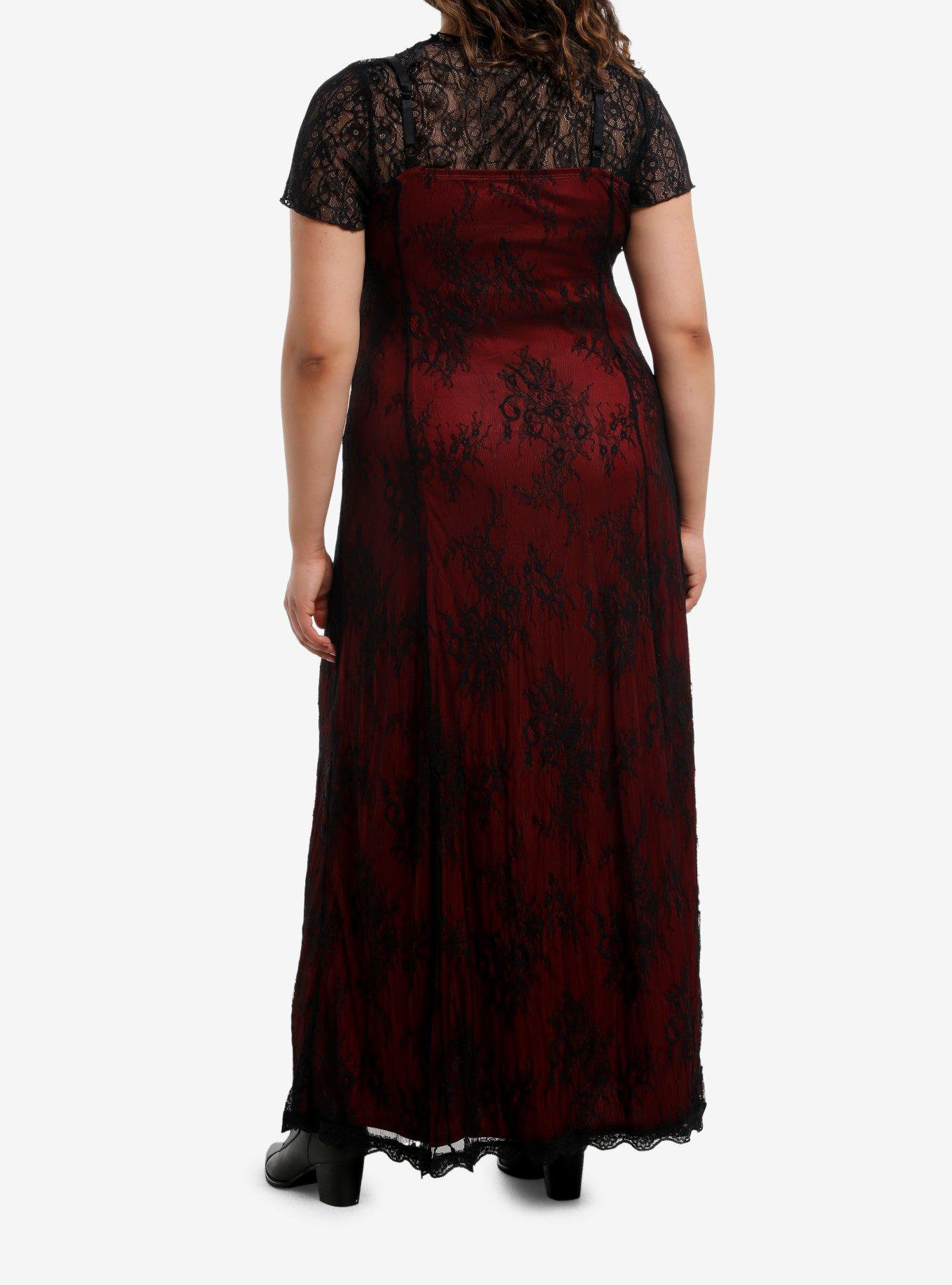 Social Collision Black & Red Lace Twofer Short-Sleeve Maxi Dress Plus Size, , hi-res