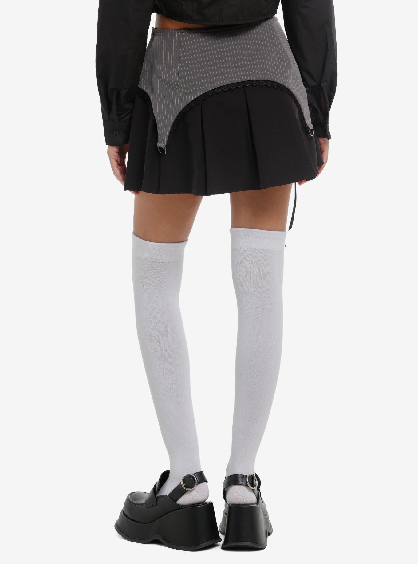 Social Collision Black & Grey Pinstripe Pleated Skirt, , hi-res