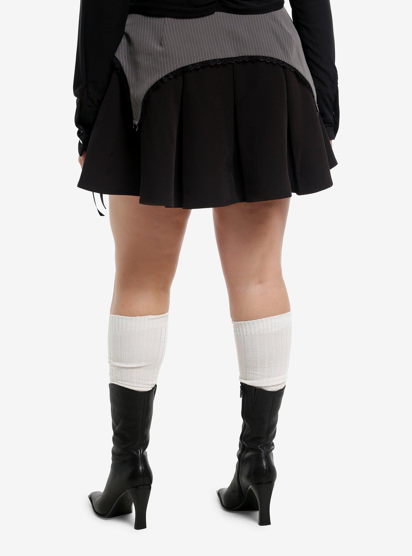 Social Collision Black & Grey Pinstripe Pleated Skirt Plus Size, , hi-res