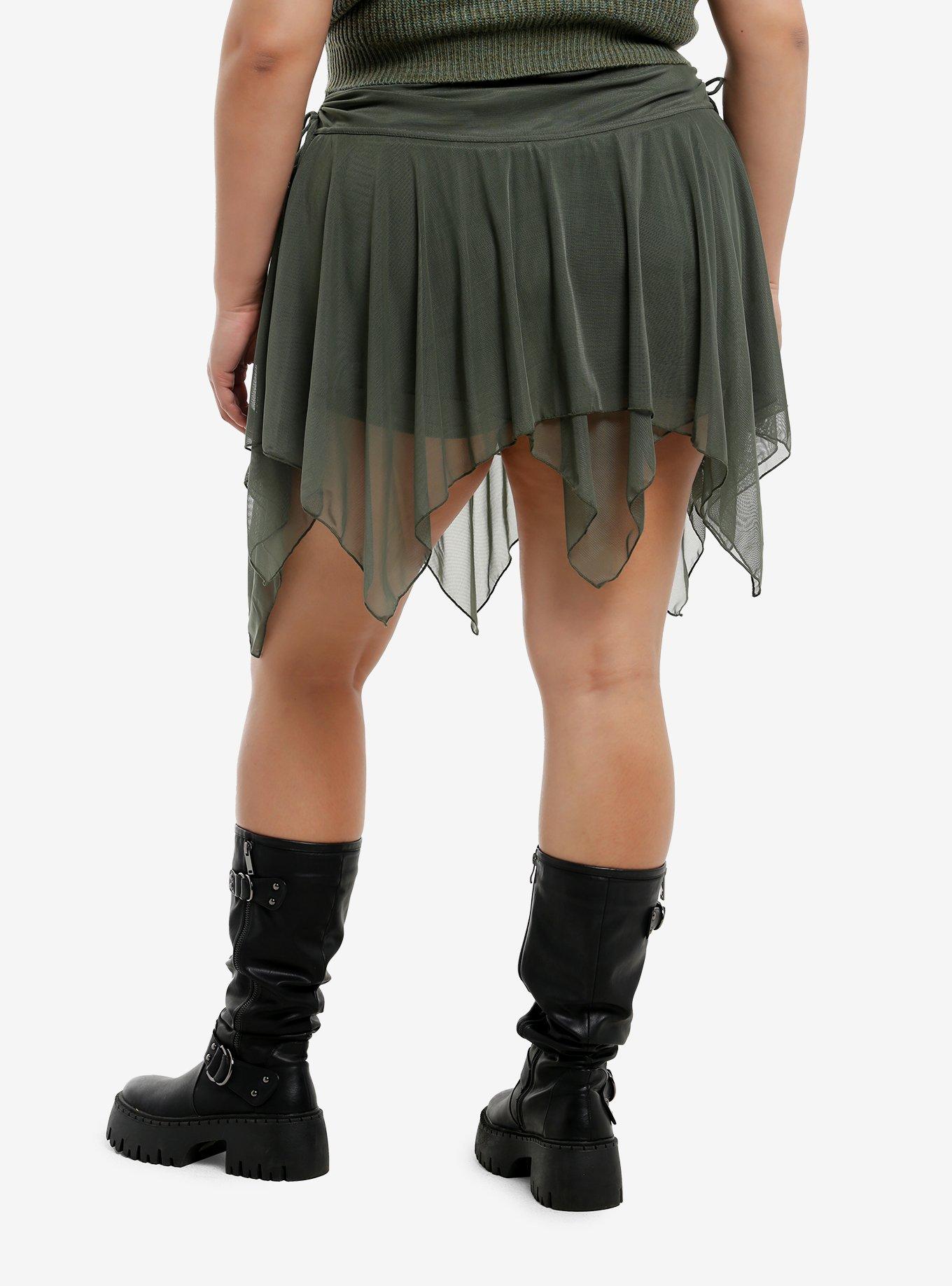 Thorn & Fable Sage Green Hanky Hem Mesh Mini Skirt Plus Size, , hi-res