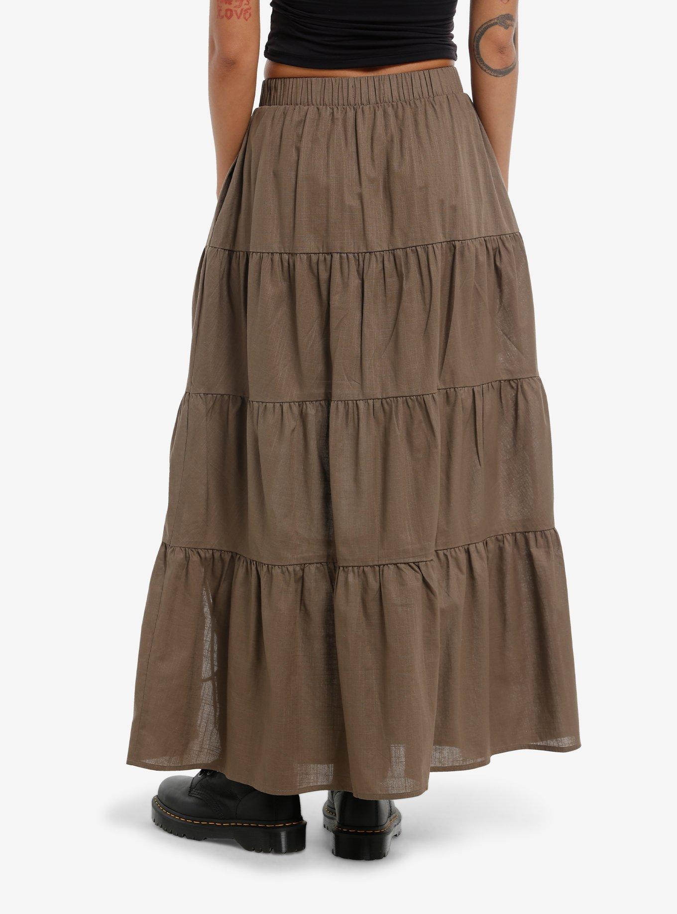 Thorn & Fable Brown Tiered Midi Skirt, , hi-res