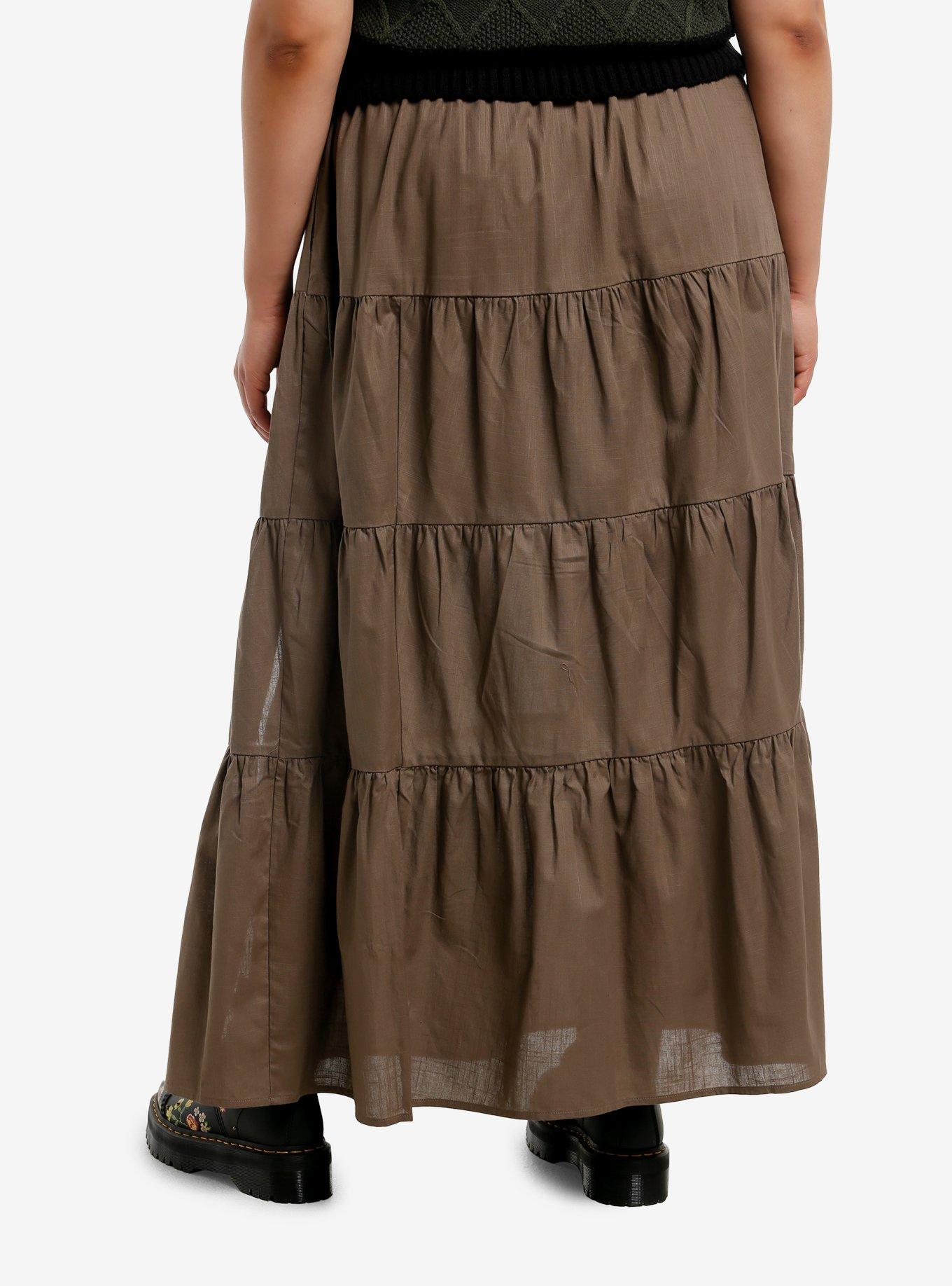 Thorn & Fable Brown Tiered Midi Skirt Plus Size, , hi-res