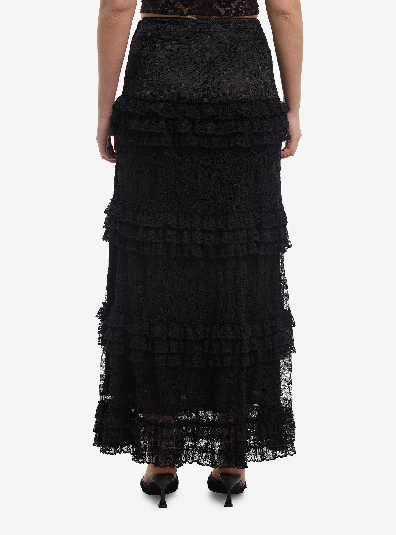 Cosmic Aura Black Lace Tiered Midaxi Skirt, , hi-res