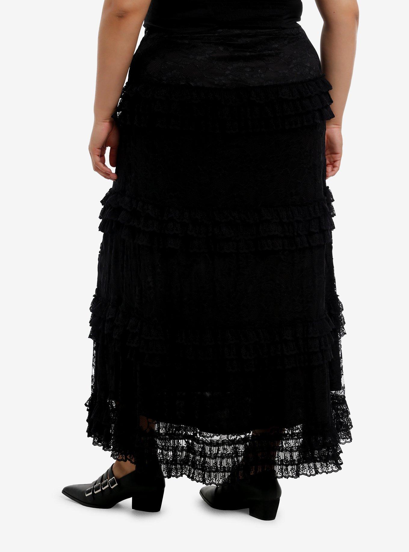 Cosmic Aura Black Lace Tiered Midaxi Skirt Plus Size, , hi-res